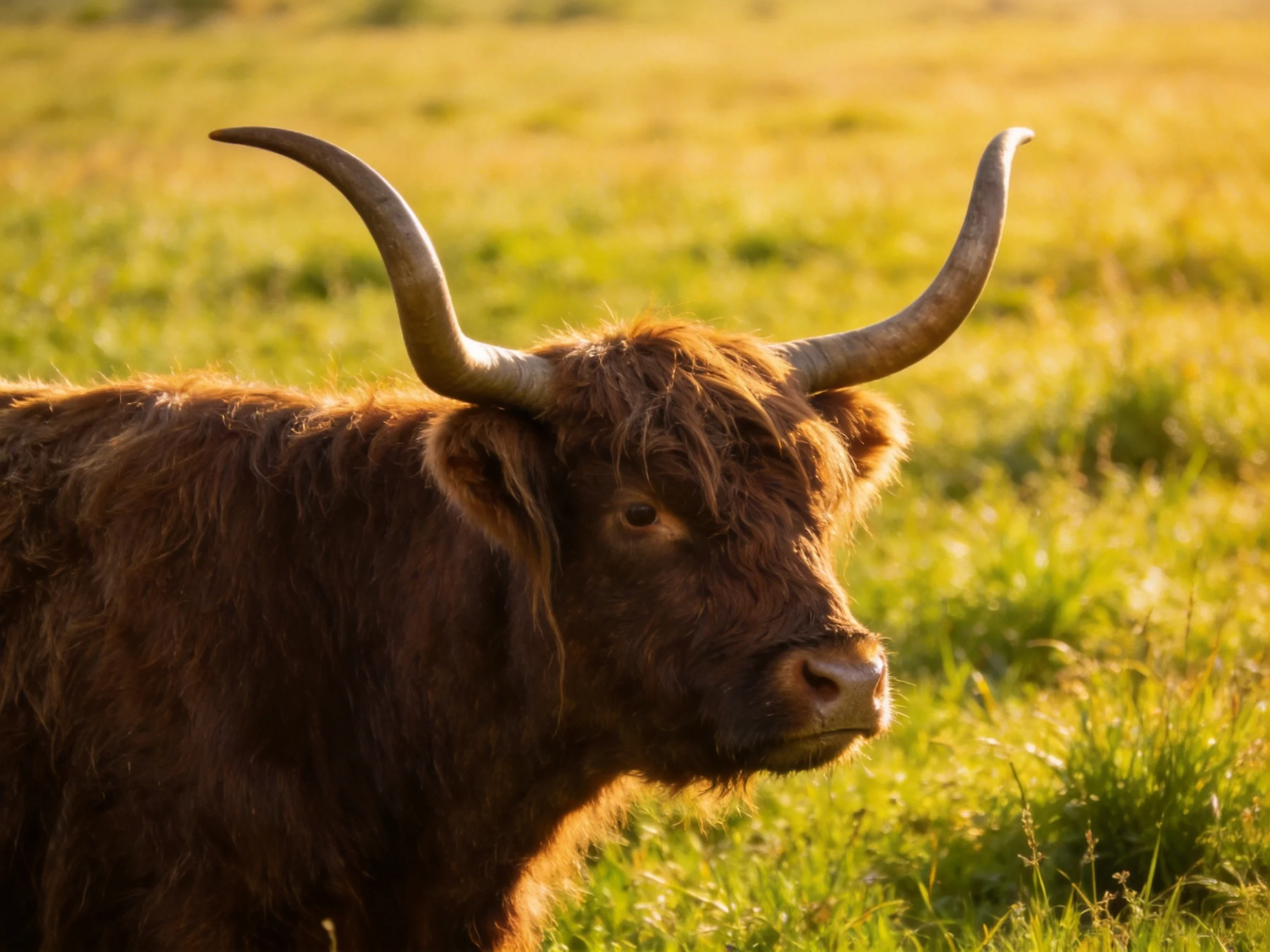 A brown Highland cow stands in a sunlit grassy field.