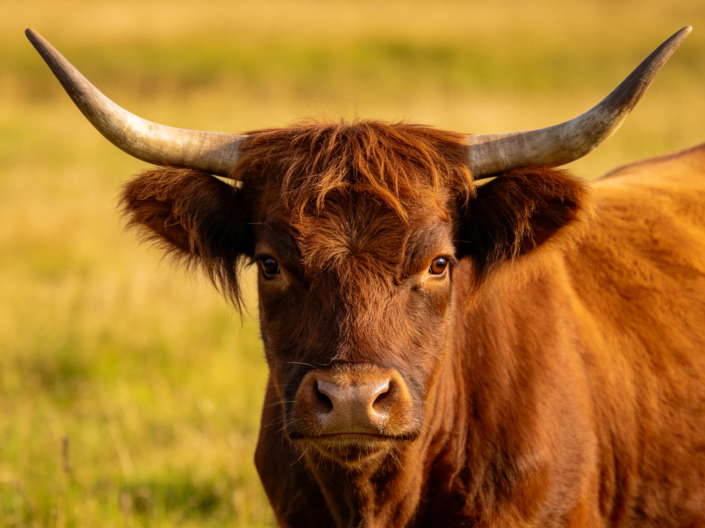 A brown Highland cow with large curved horns in a sunlit meadow