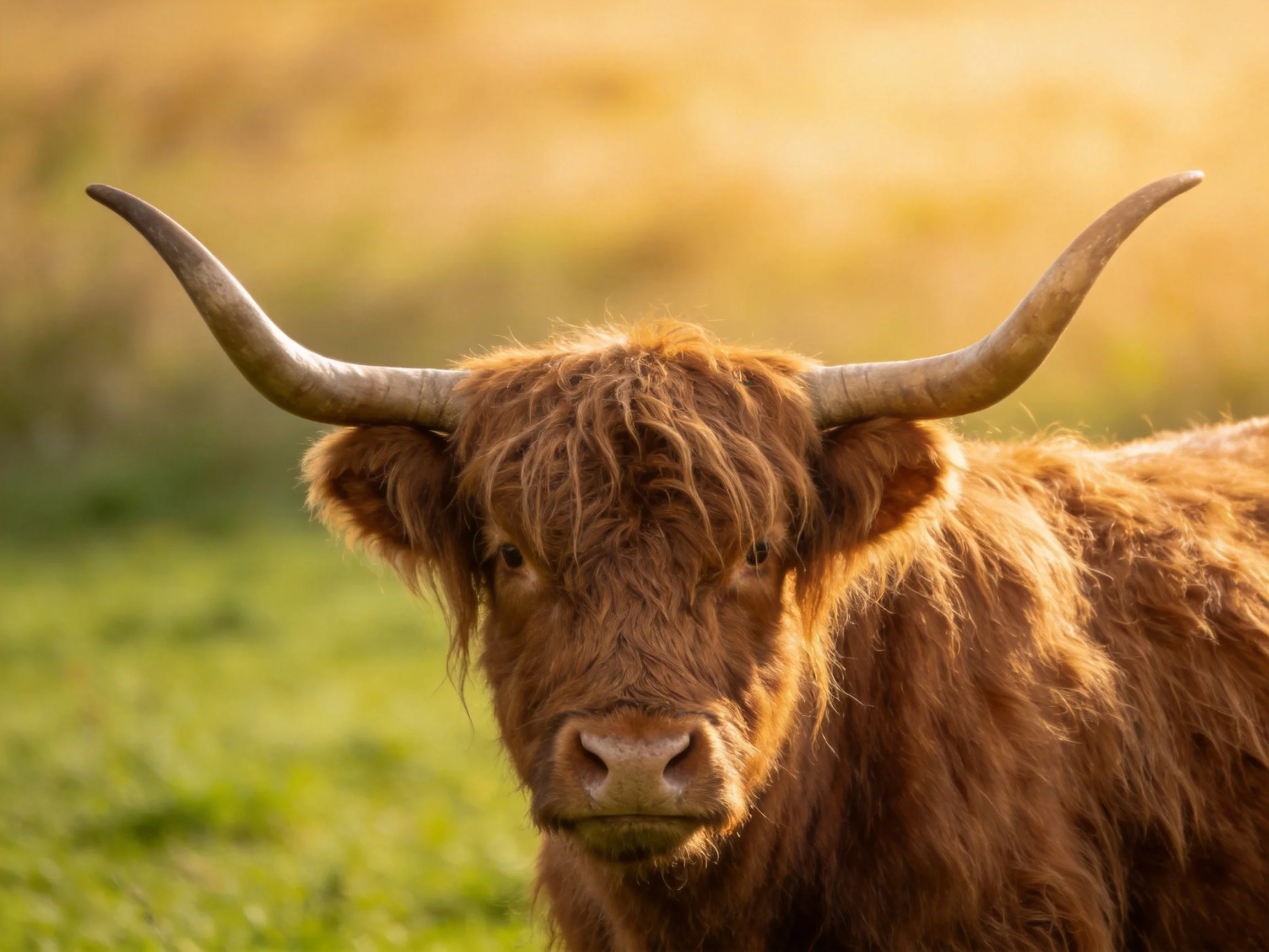 A brown Highland cow with large curved horns stands in a sunlit outdoor setting.