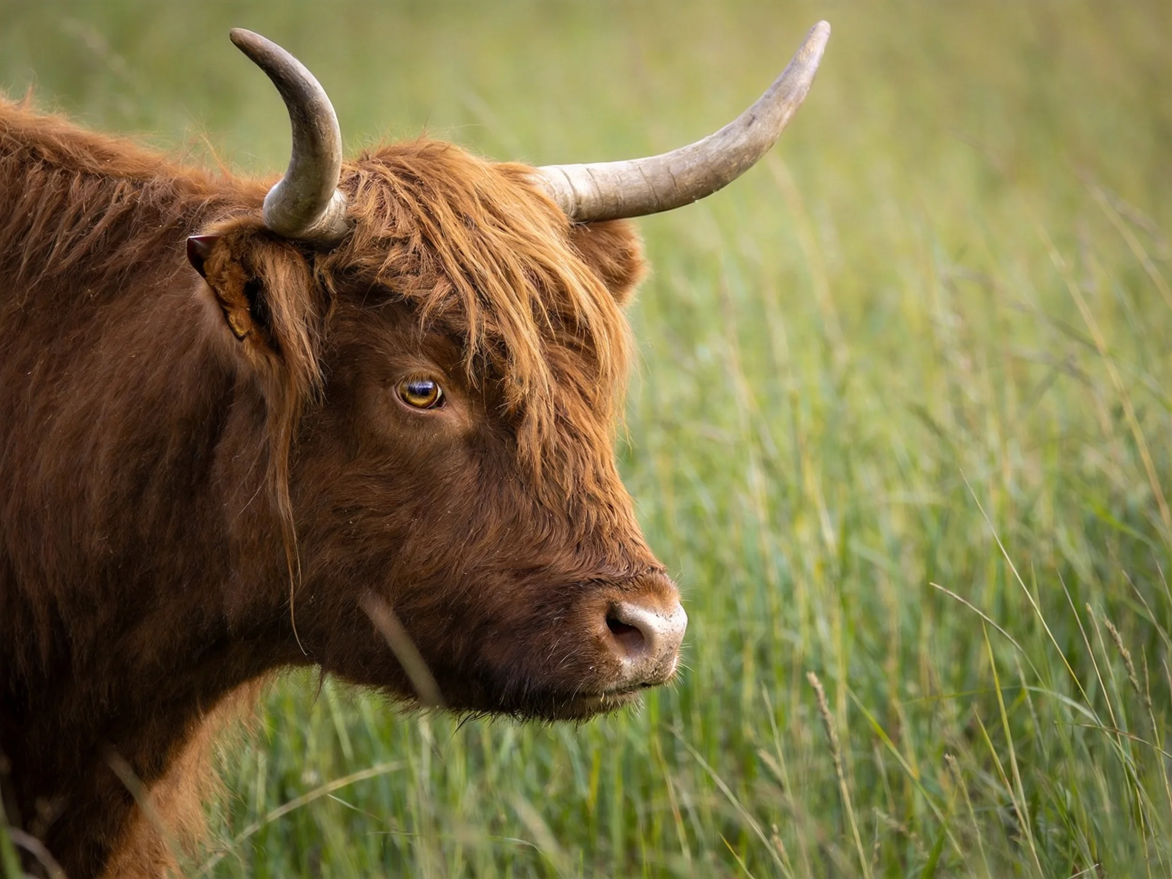 A brown Highland cow with large curved horns is in tall green grass.