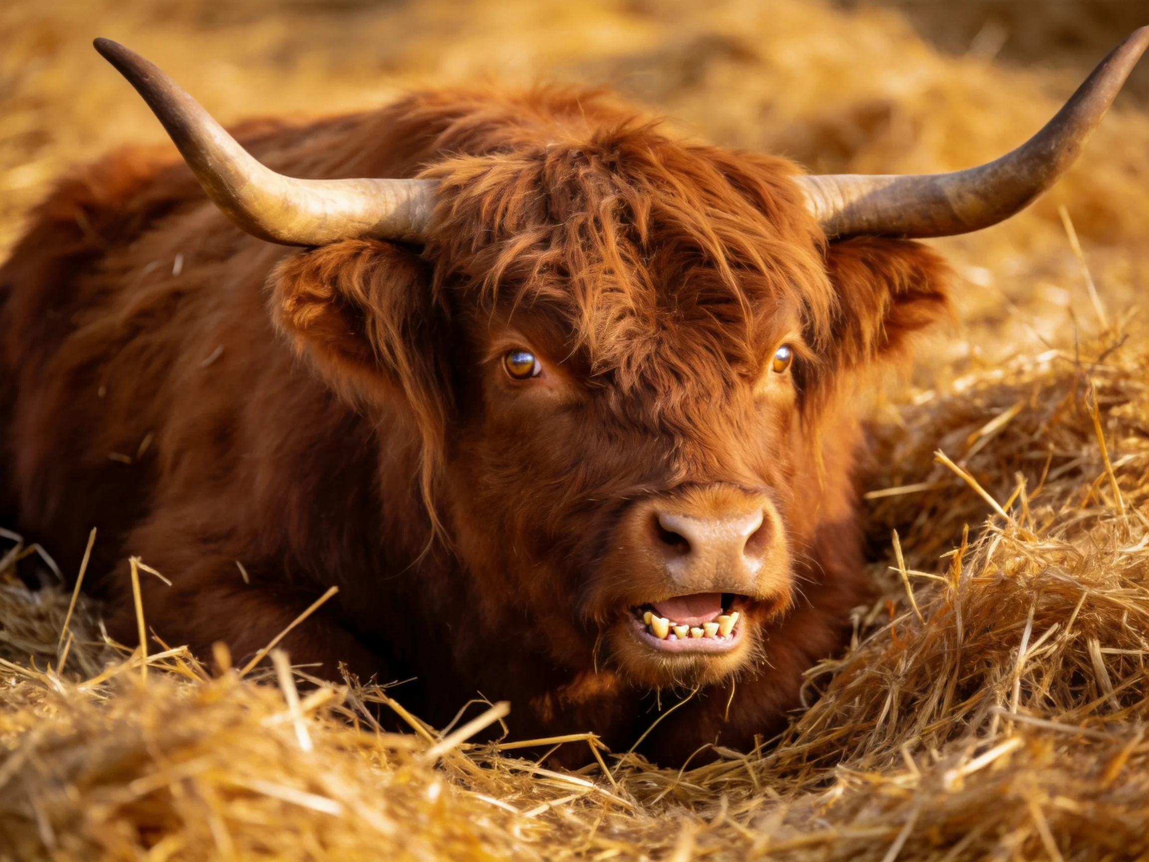 A brown Highland cow rests on golden straw in a sunlit setting.