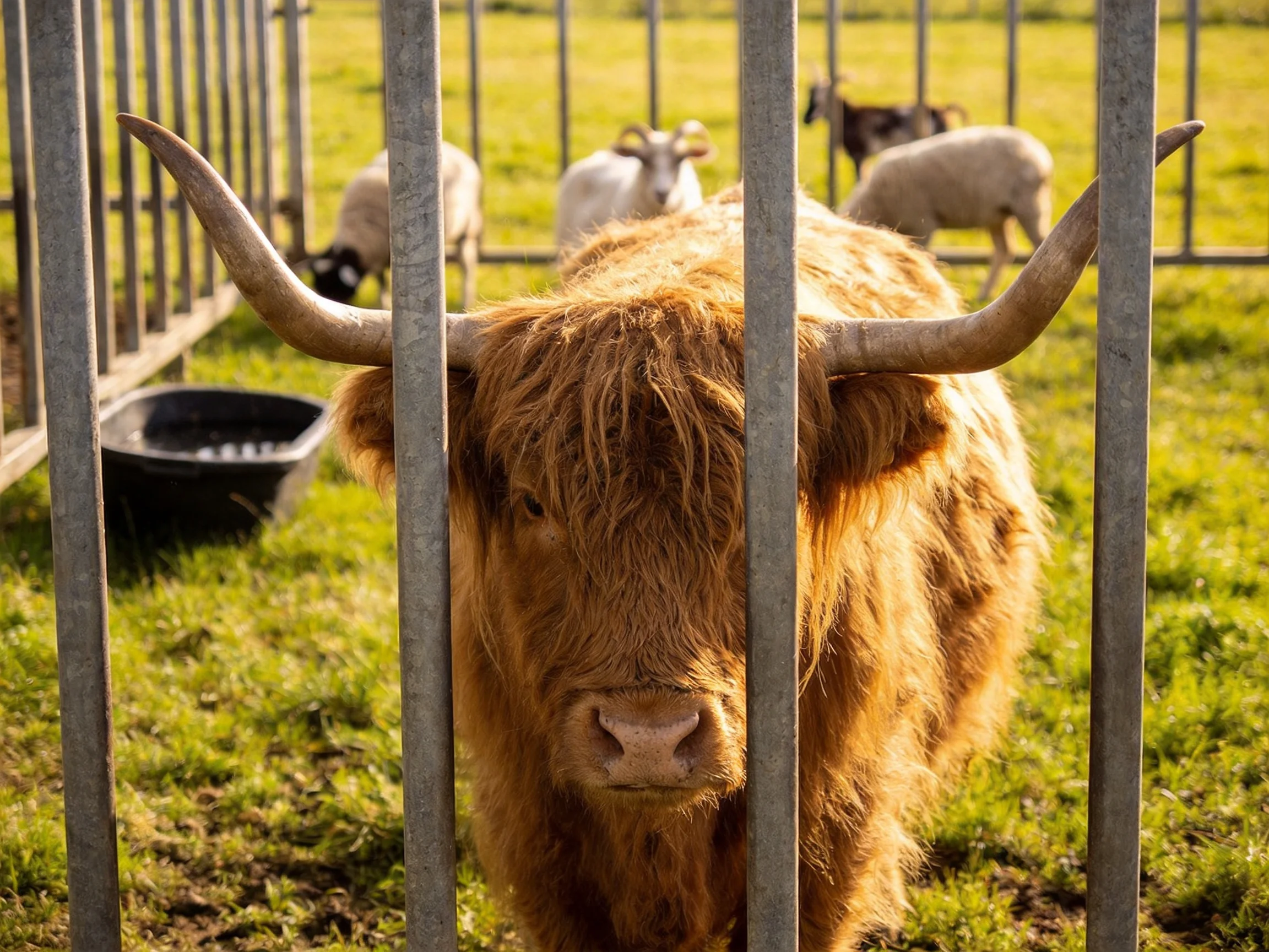 A brown Highland cow with large curved horns near grazing sheep