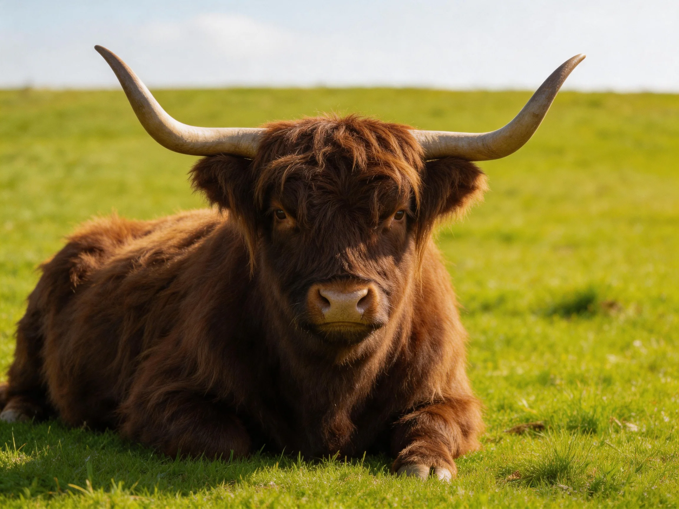 A brown Highland cow with large curved horns rests on a grassy field.