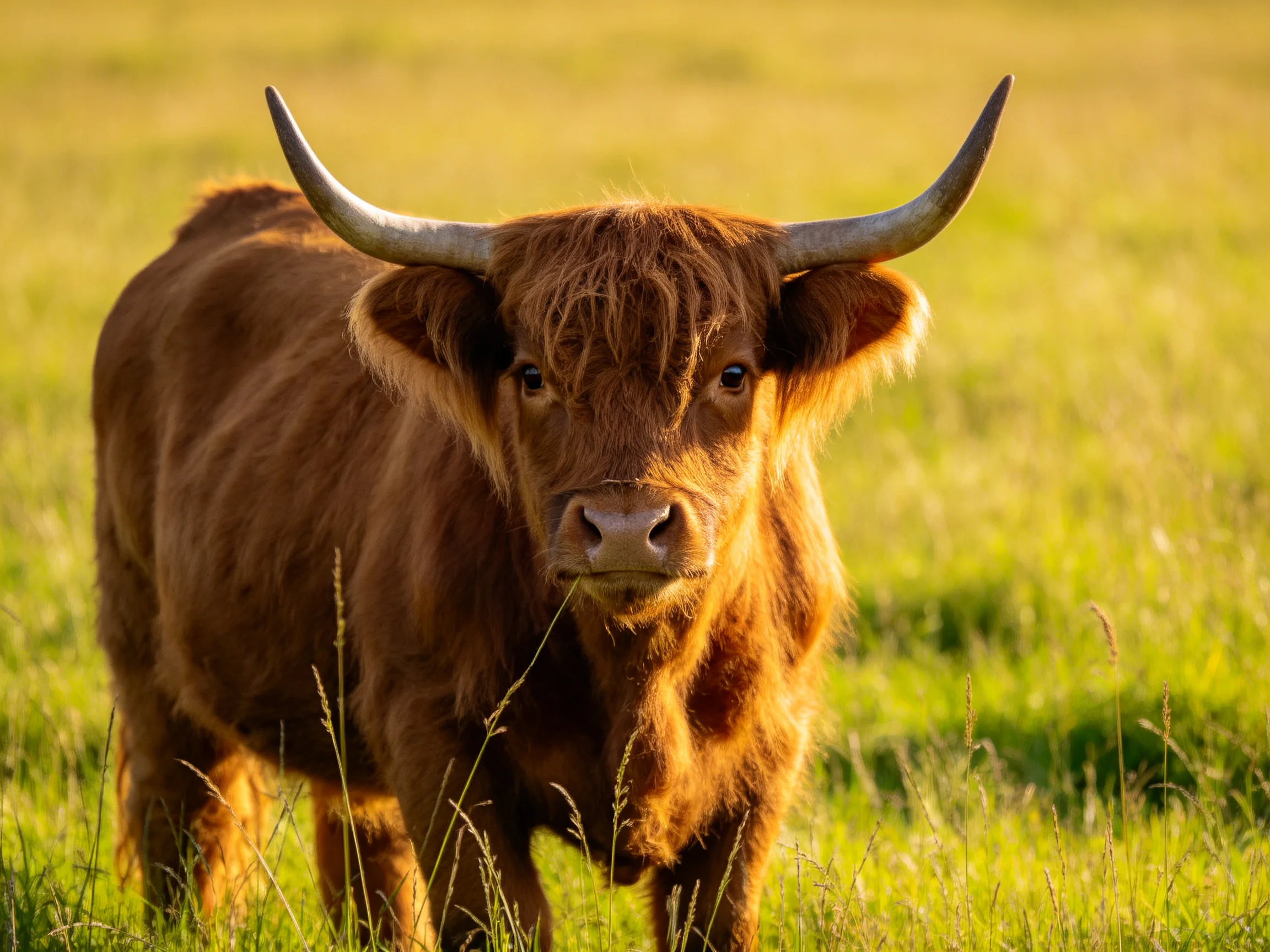 A brown Highland cow stands calmly in a sunlit green pasture.