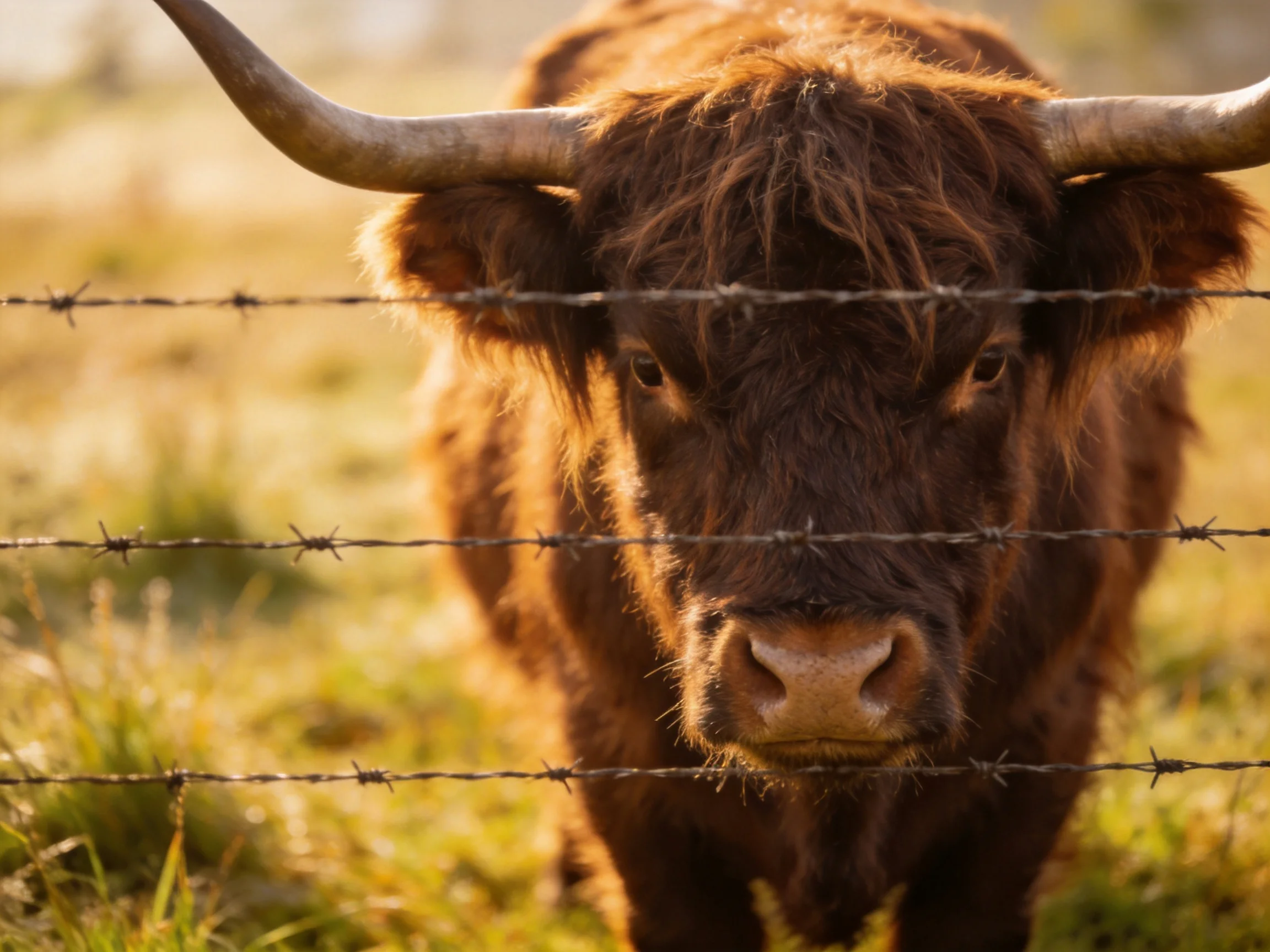 A brown Highland cow with large horns behind barbed wire fence
