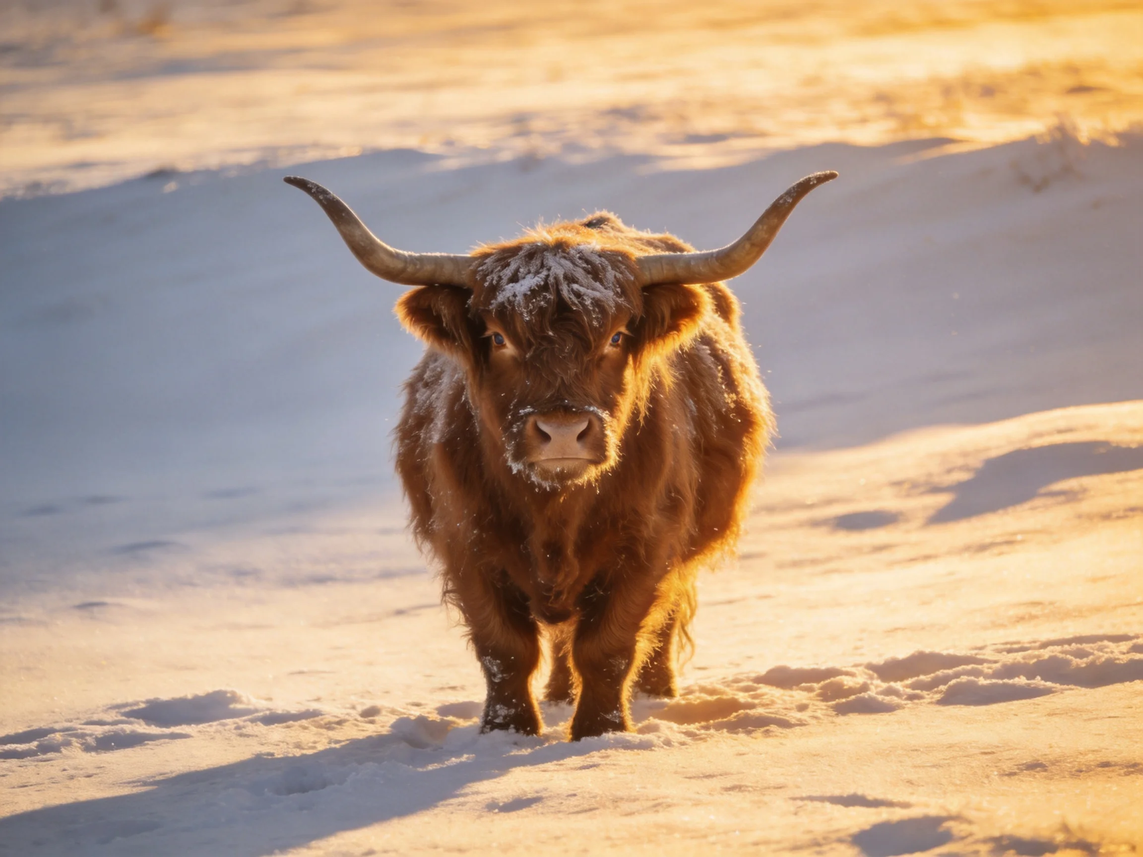 A brown Highland cow with large horns stands in snowy terrain under golden light