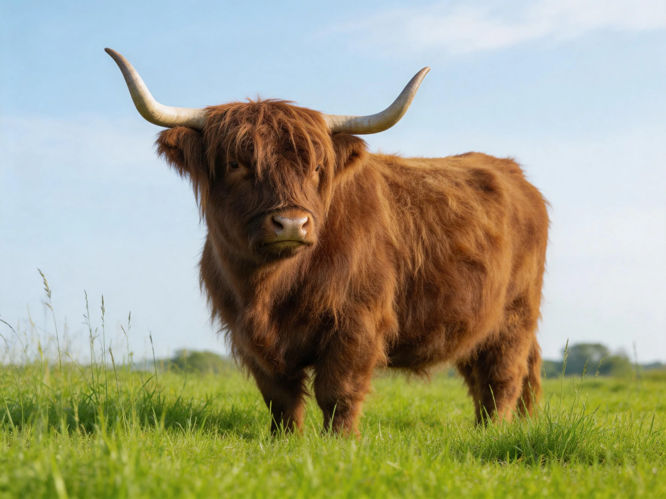 A brown Highland cow with long curved horns in a green pasture