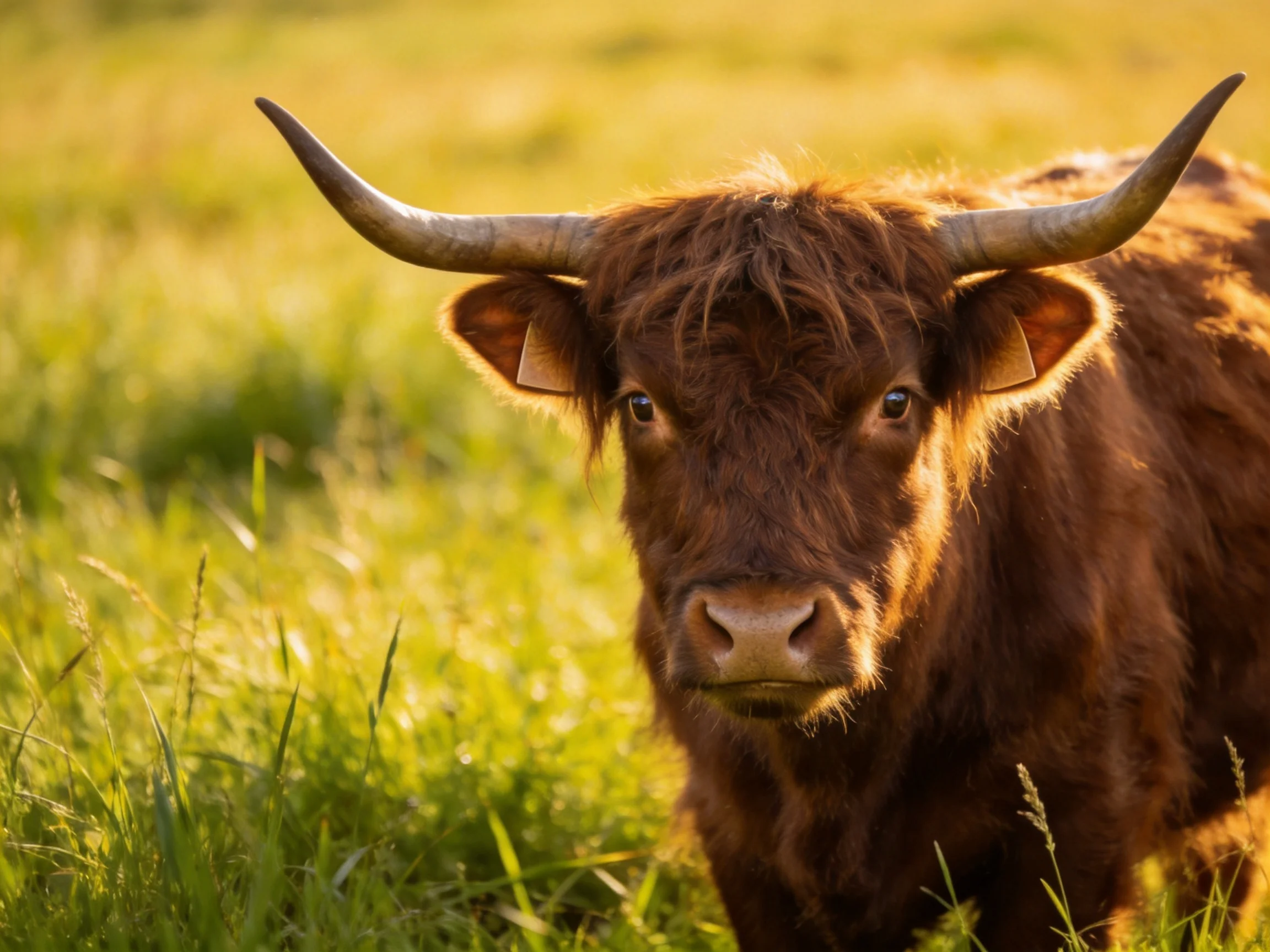 A brown Highland cow with long curved horns in a sunlit green meadow