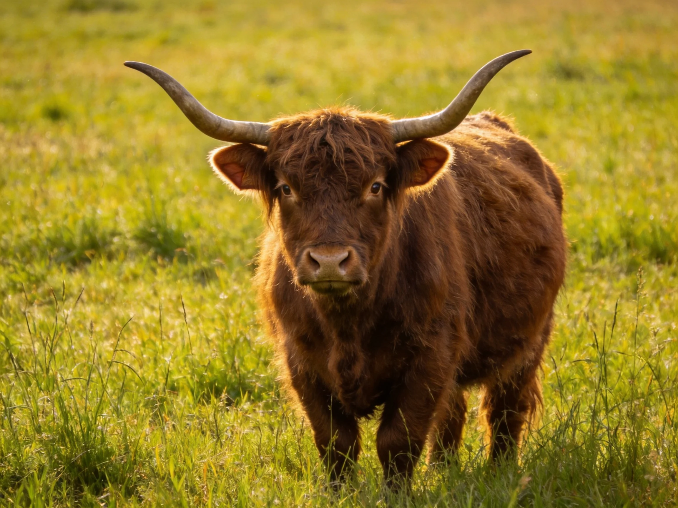 A brown Highland cow with long curved horns in a sunlit green meadow