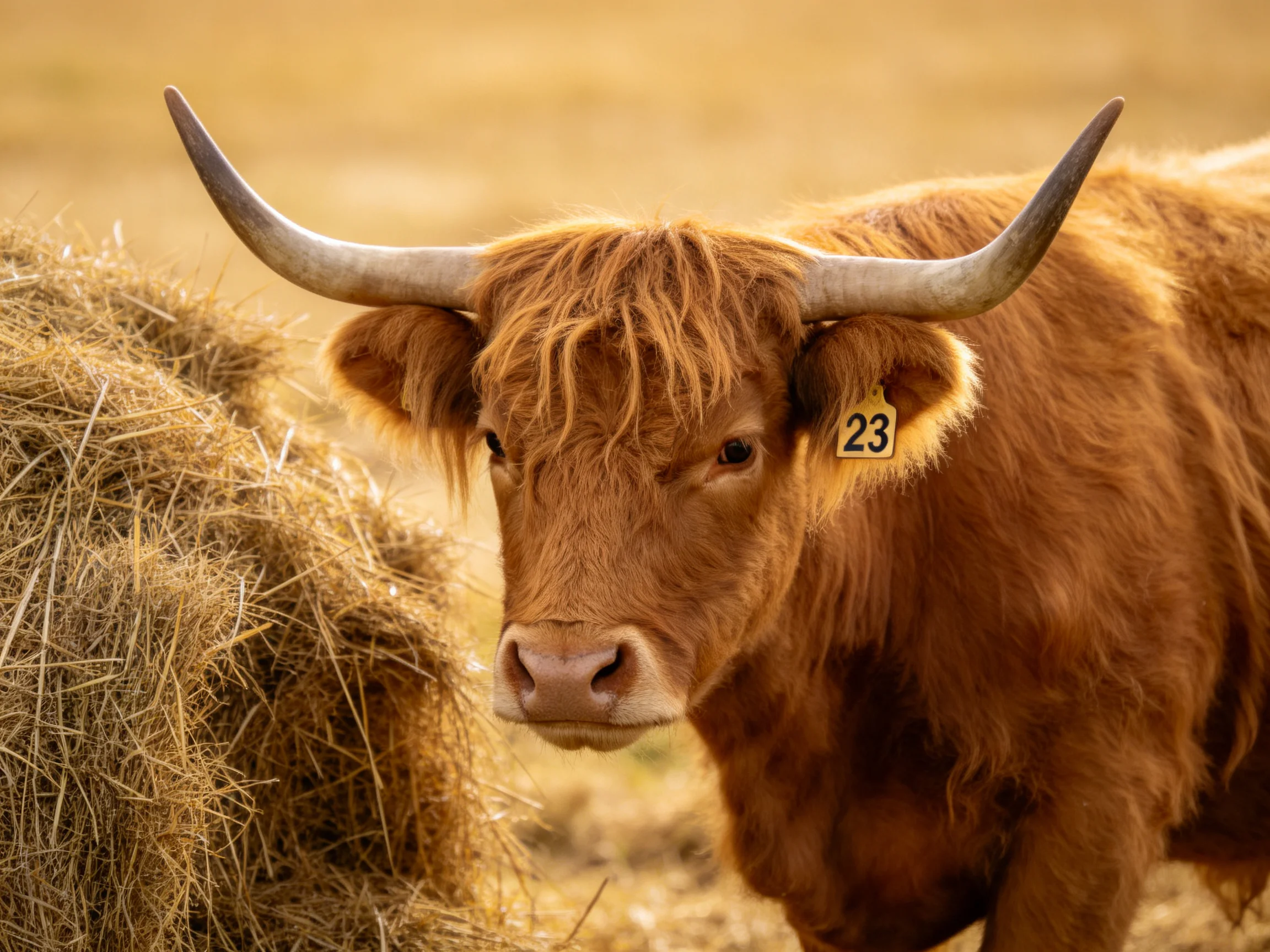 A brown Highland cow with long curved horns near golden hay bales