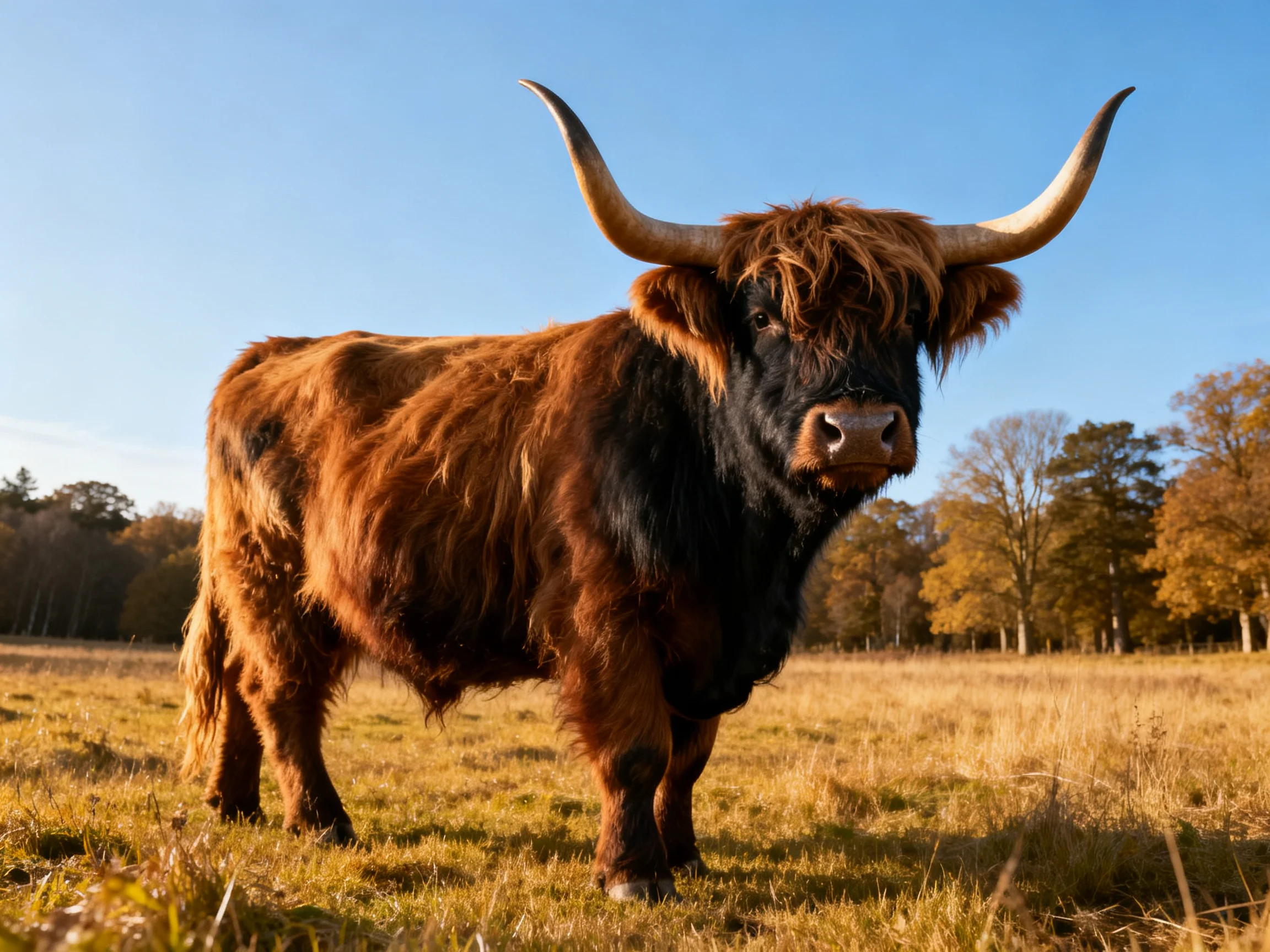 A brown Highland cow with long curved horns stands in a golden field