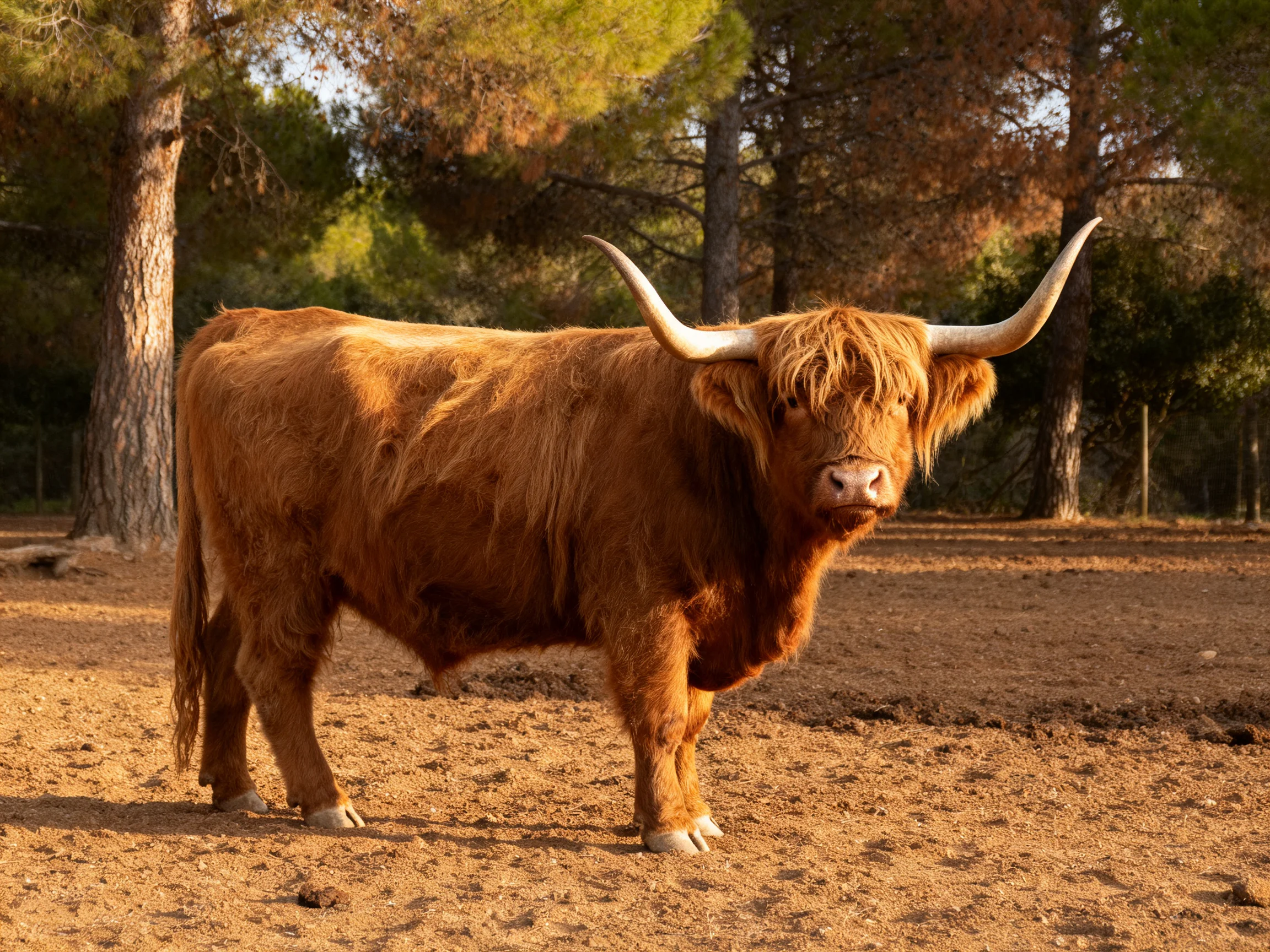 A brown Highland cow with long curved horns stands in a sunlit wooded area
