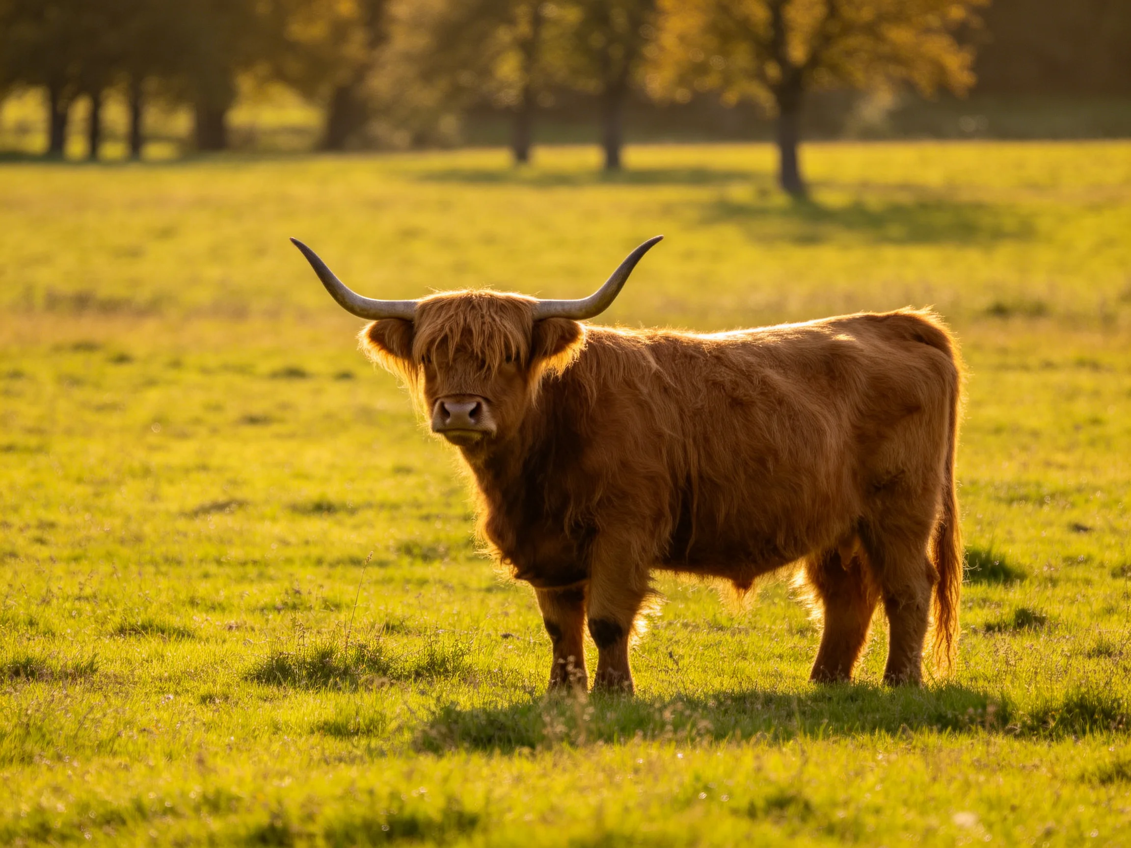 A brown Highland cow with long horns in a sunlit meadow