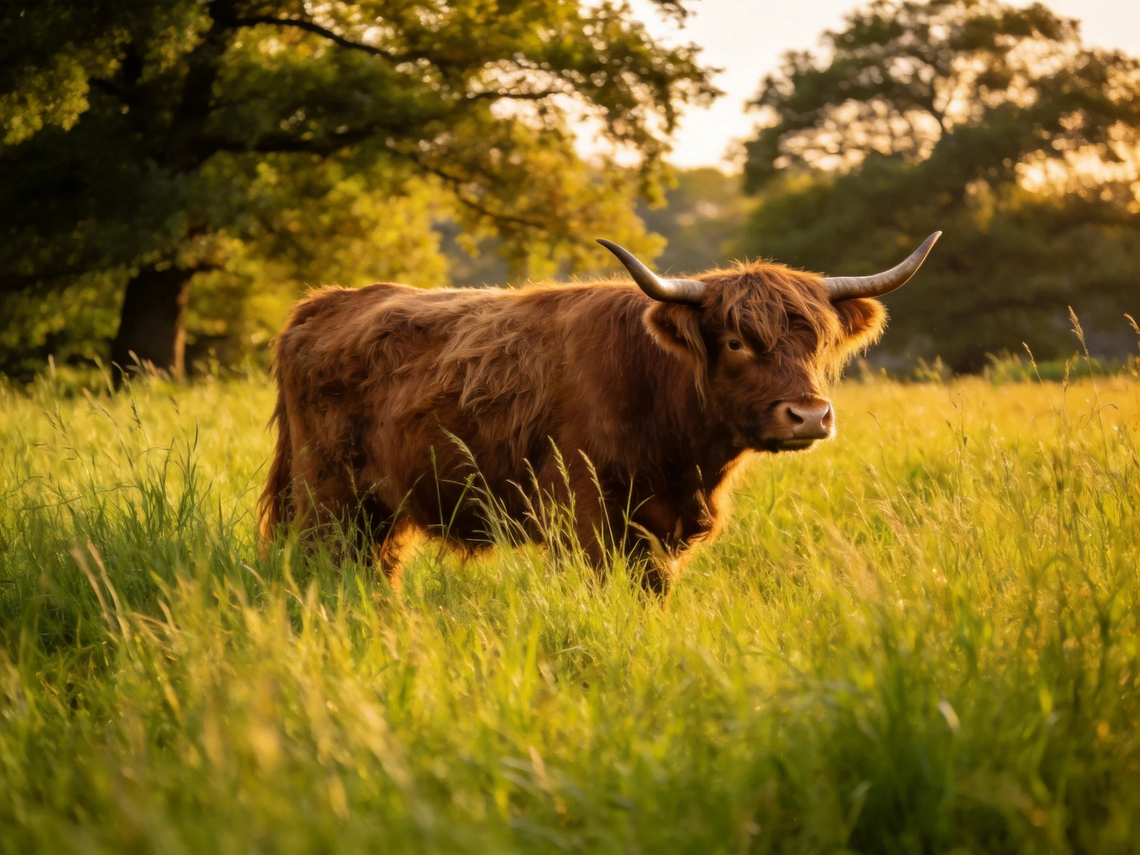 A brown Highland cow with long horns in golden grass near large trees
