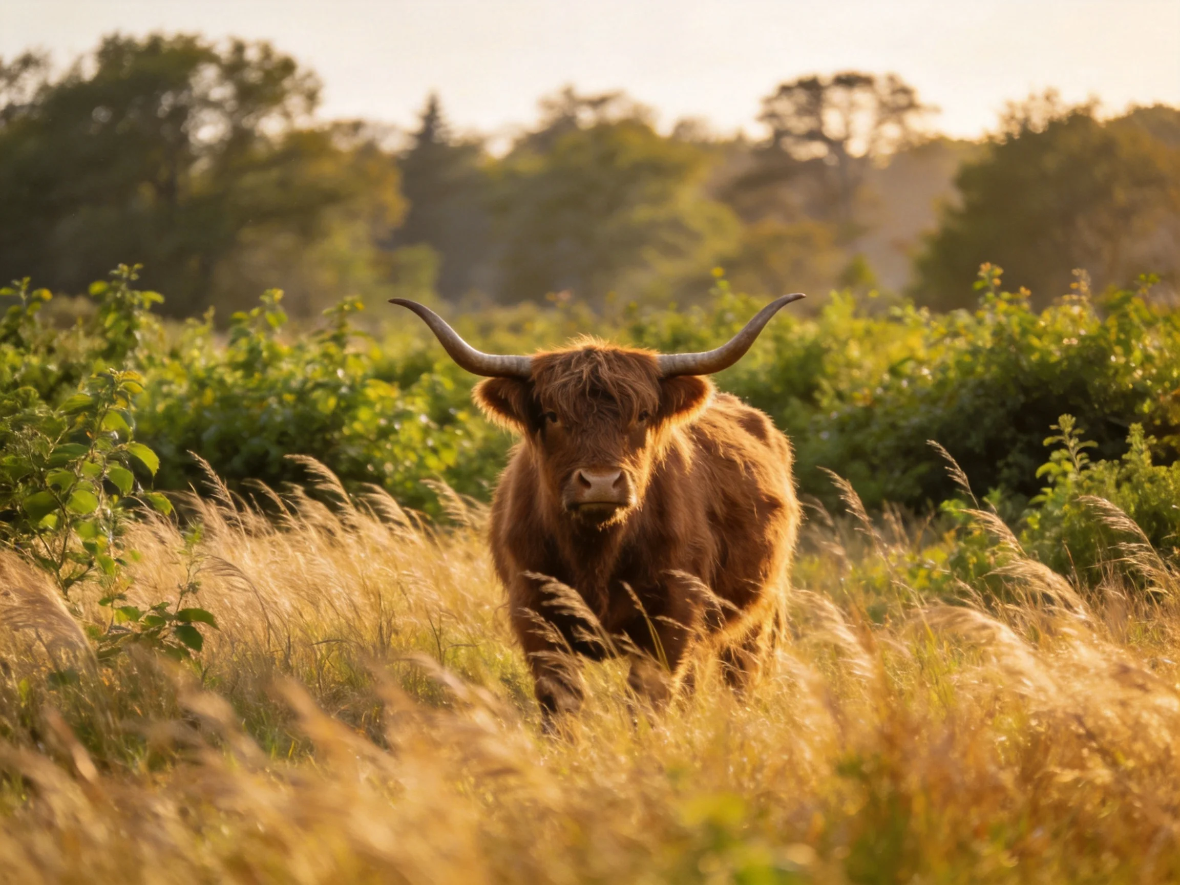 A brown Highland cow with long horns in golden grassy fields