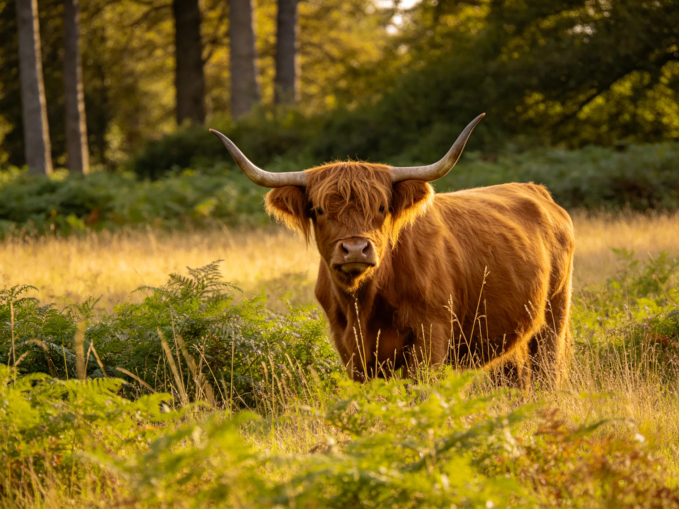 A brown Highland cow with long horns in sunlit grassland
