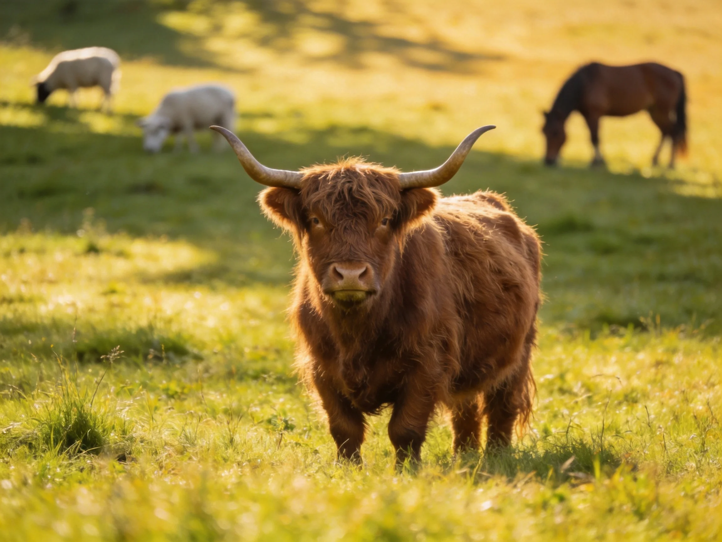 A brown Highland cow with long horns in sunlit meadow with sheep and horse