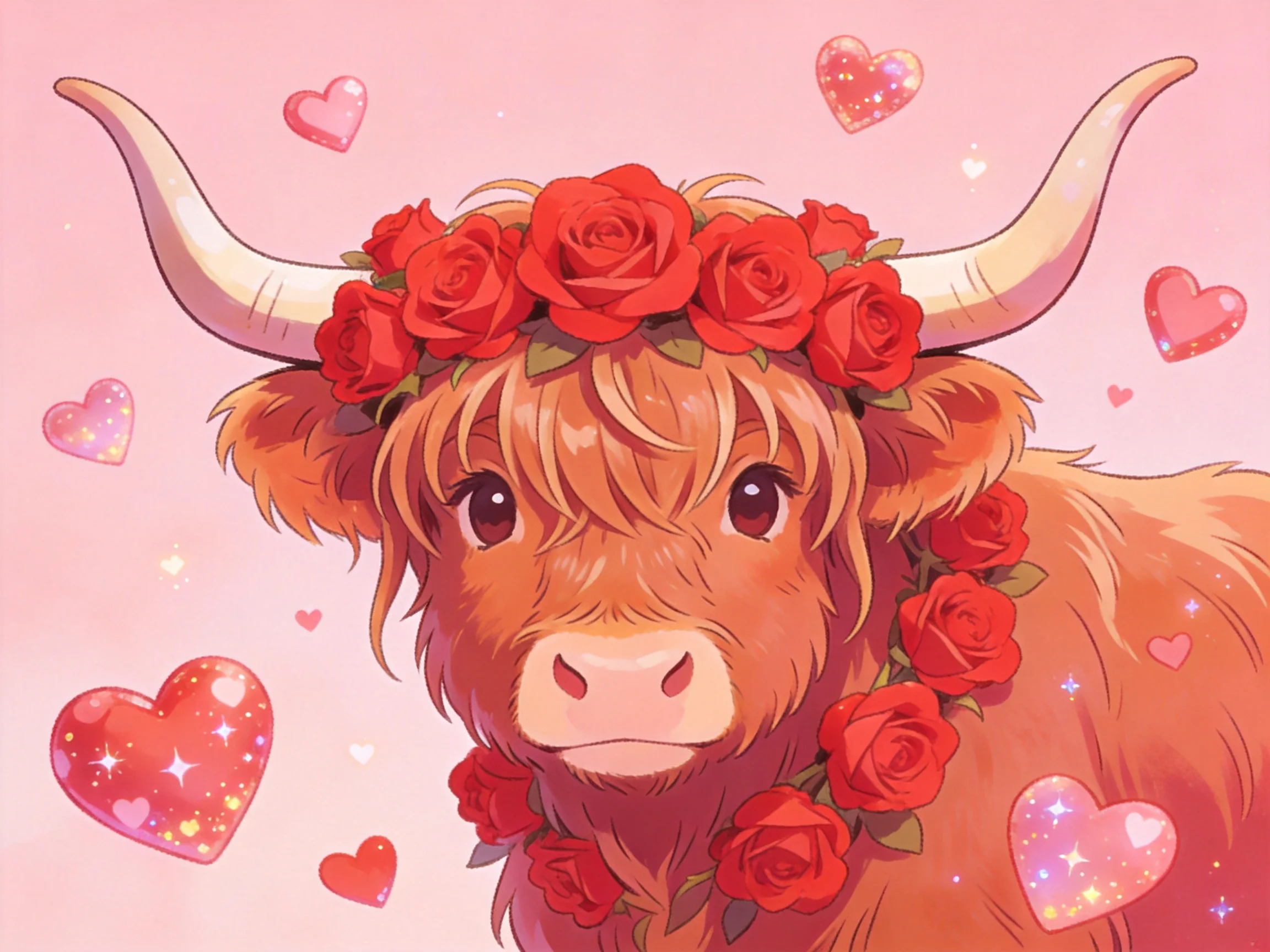 A brown Highland cow with red rose crowns, surrounded by pink hearts and sparkles