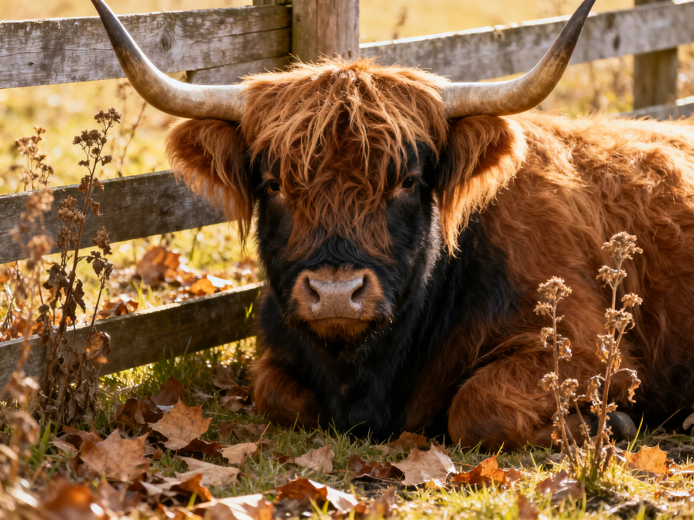 A brown and black Highland cow rests by a wooden fence amid autumn foliage