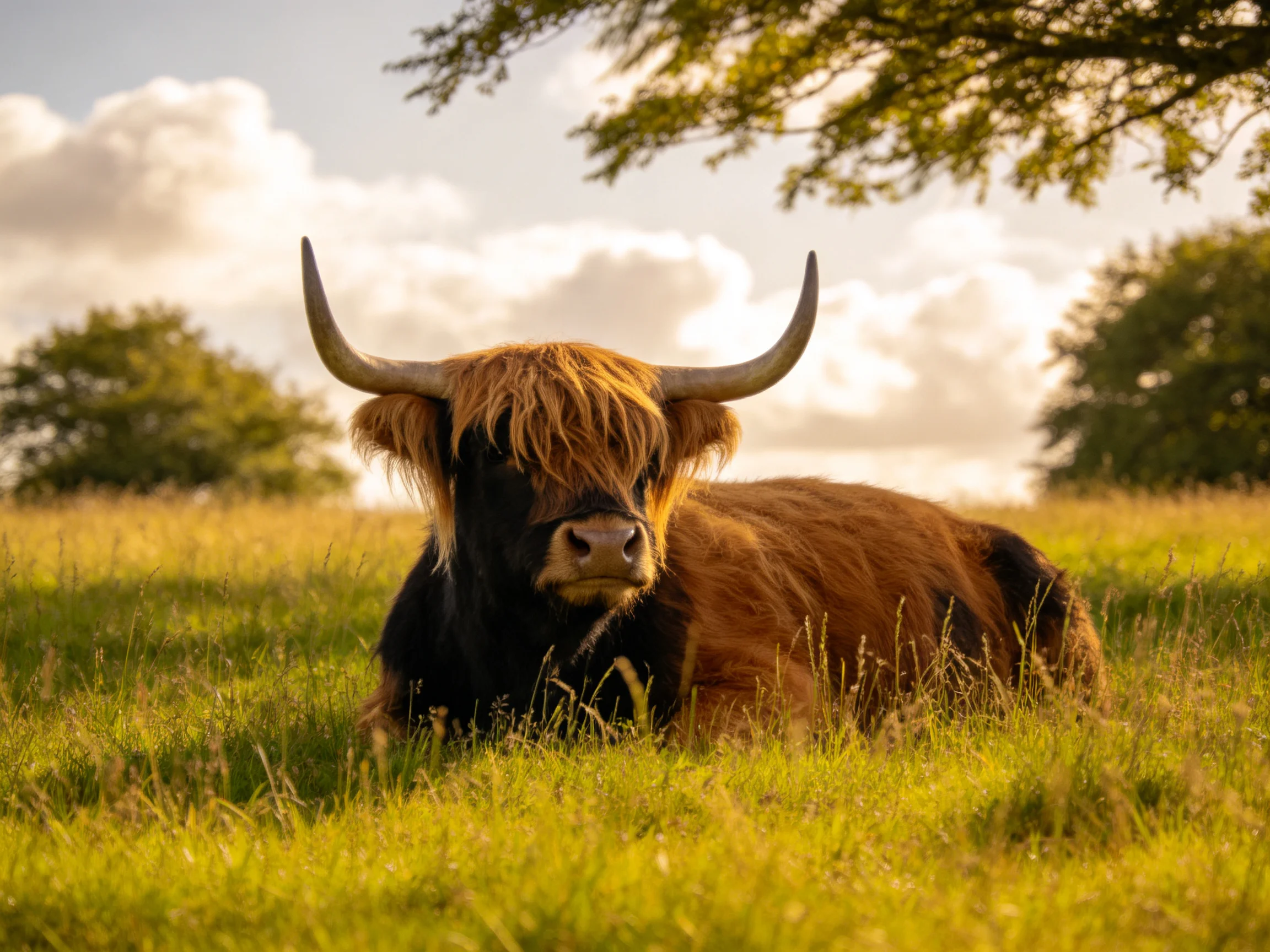 A brown and black Highland cow rests in sun-drenched grassland