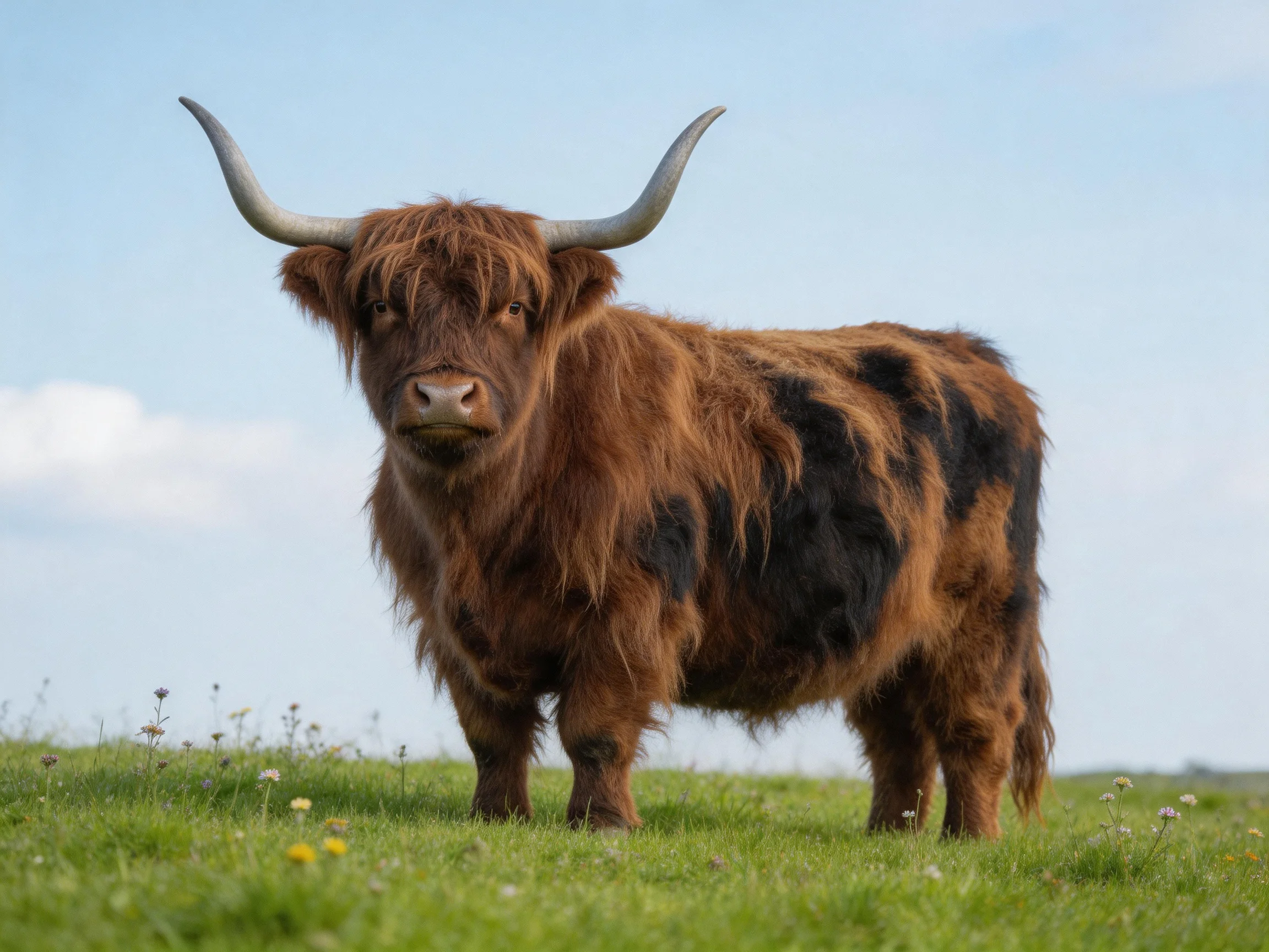 A Highland cow with long horns stands in a grassy meadow under a clear sky