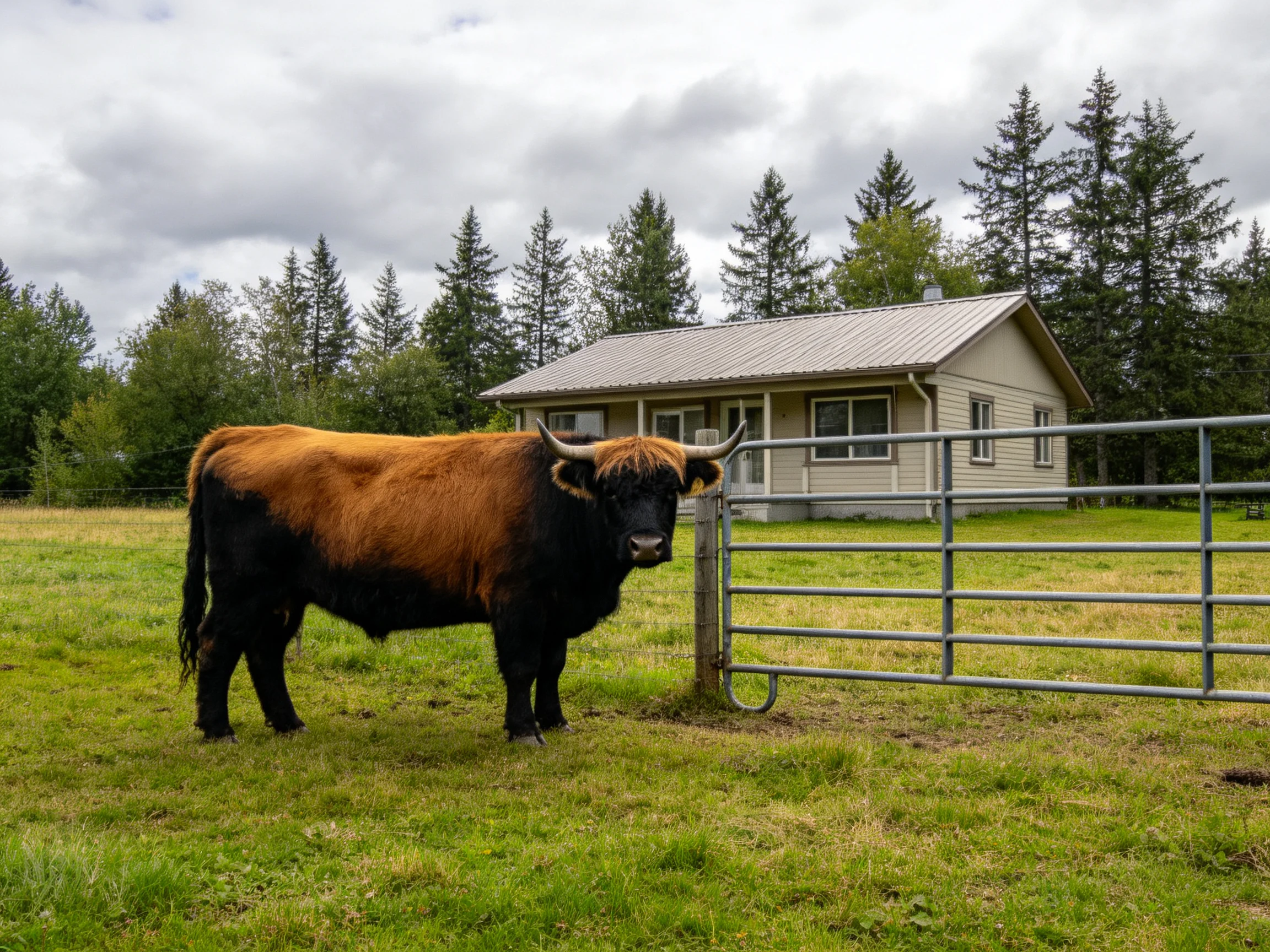 A brown and black bull near a metal gate by a house