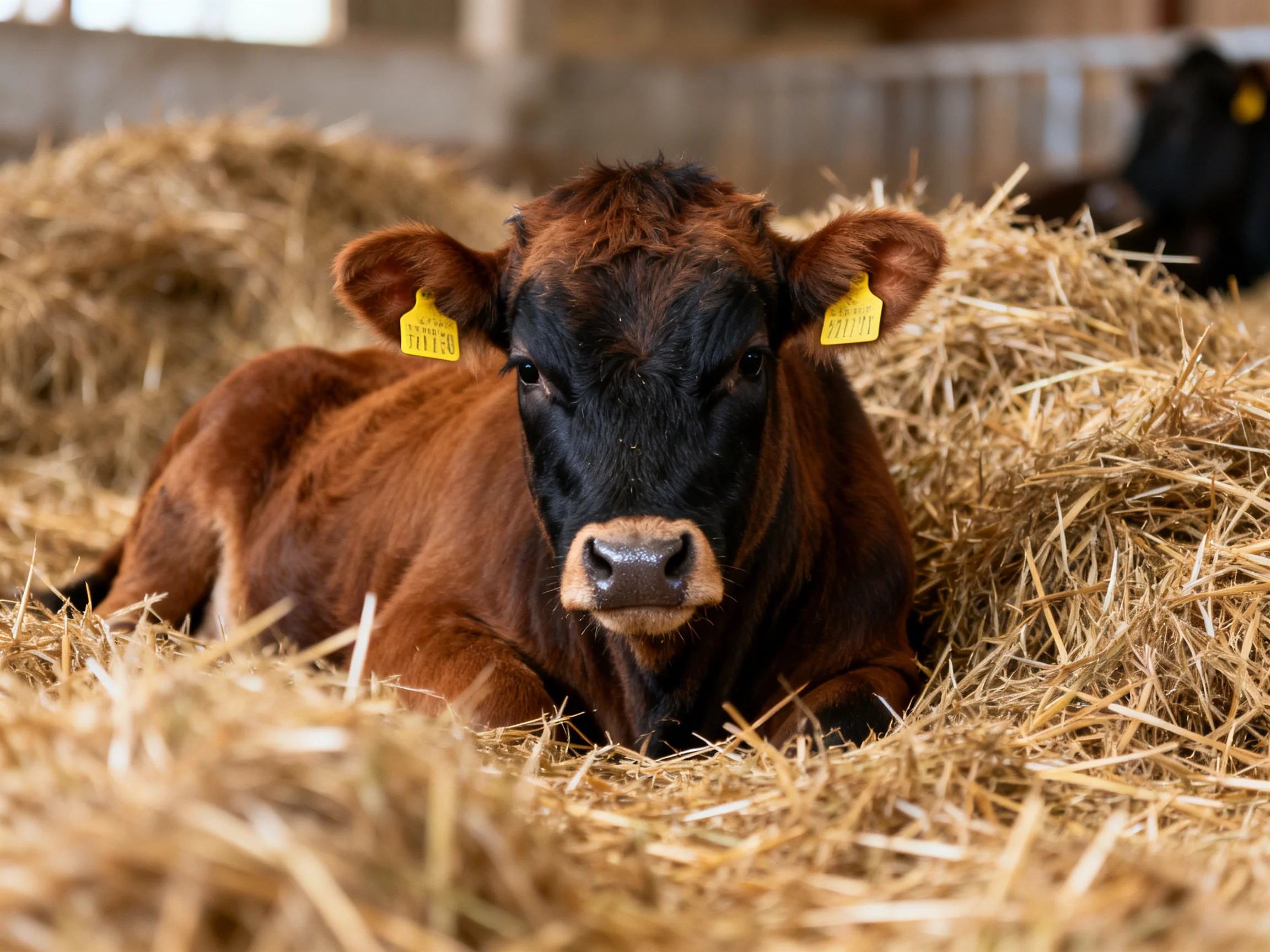 A brown and black calf with yellow ear tags rests on golden straw inside a barn