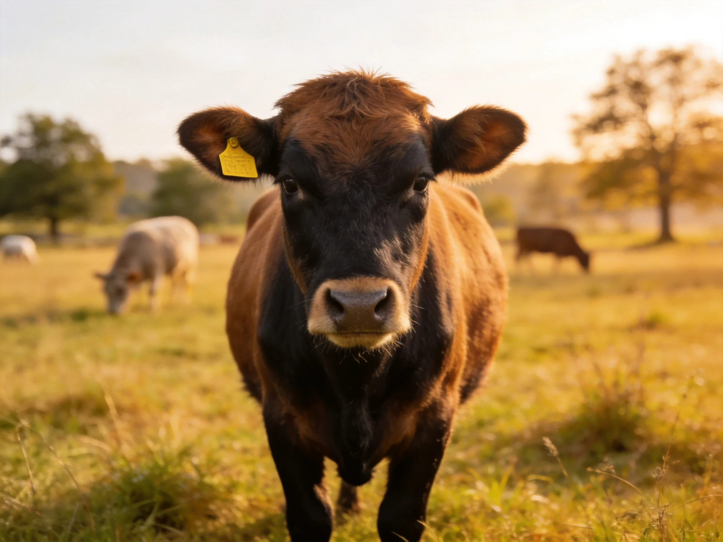 A brown and black cow gazes forward in a sunlit pasture with grazing cows