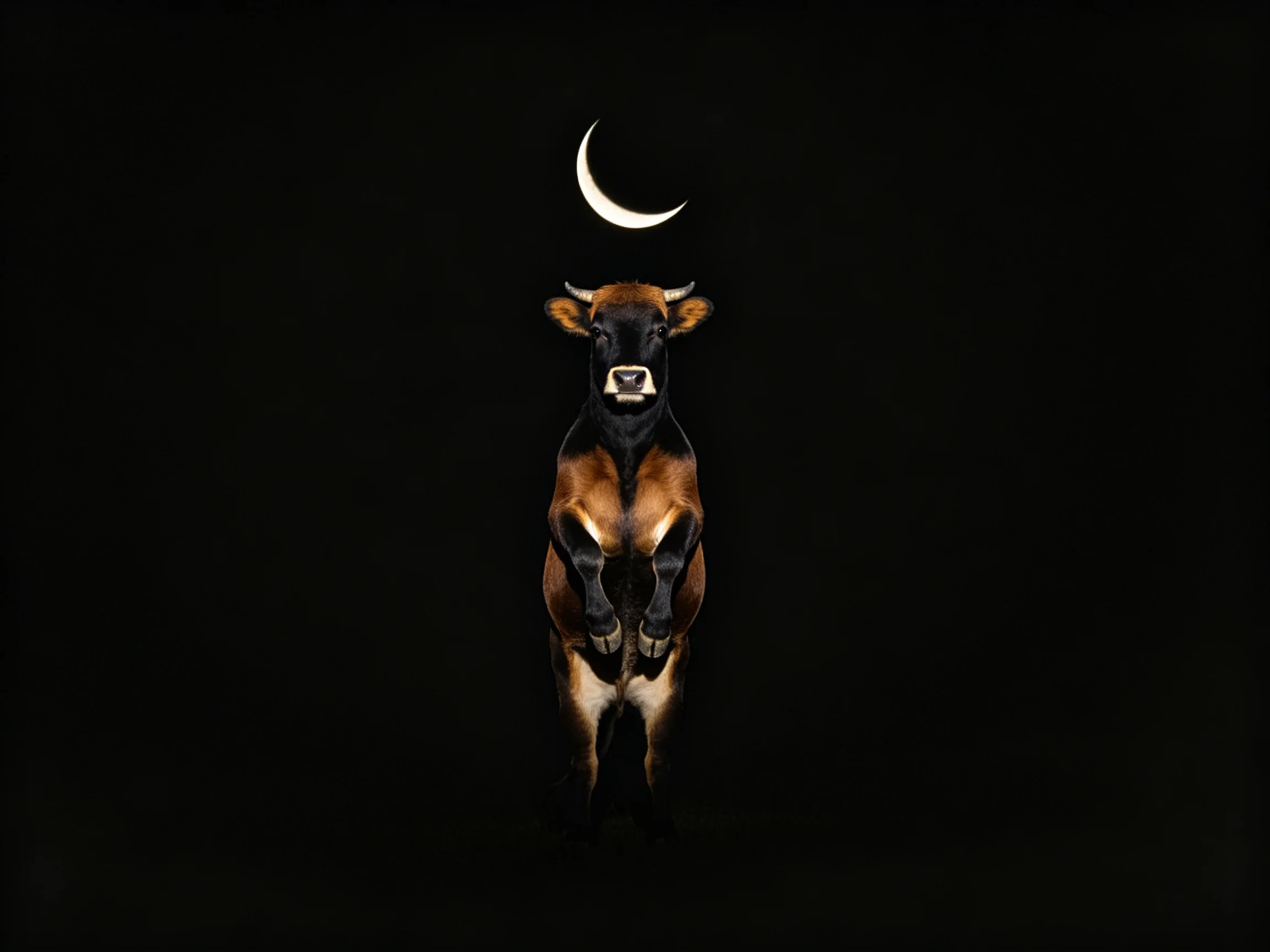 A brown and black cow leaps against a pitch-black backdrop with a crescent moon overhead