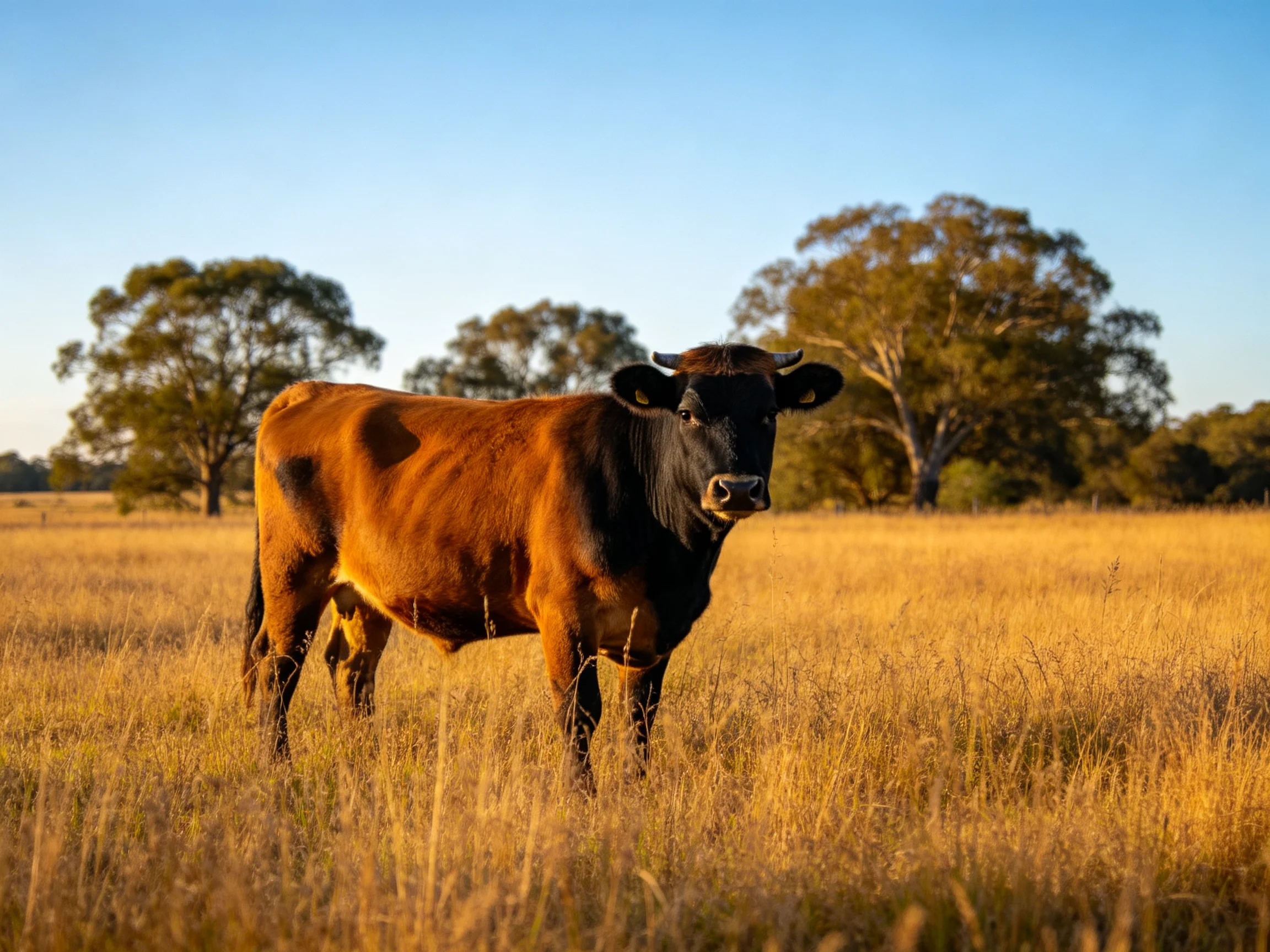 A brown and black cow stands in golden grassland near large trees