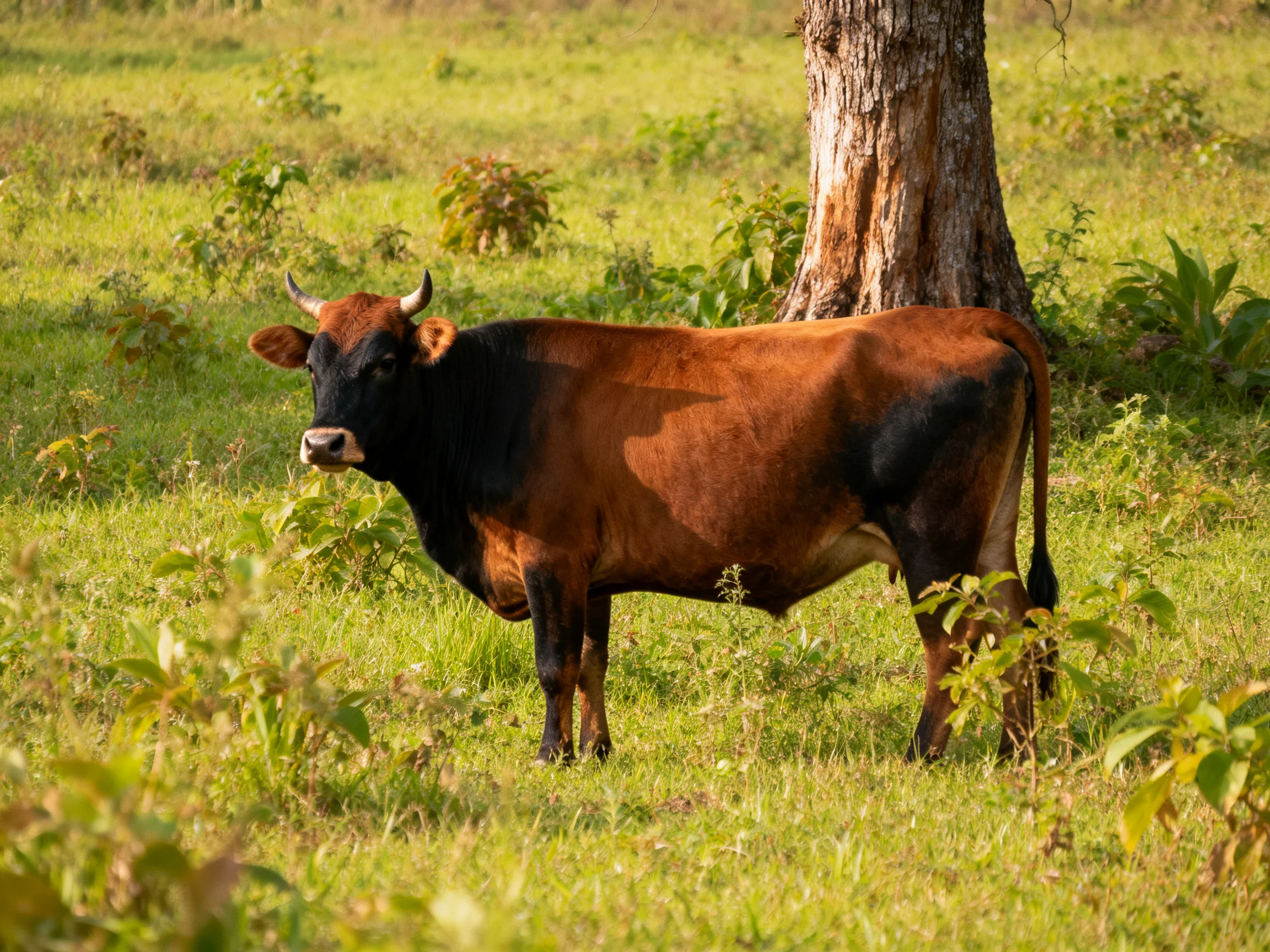 A brown and black cow stands near a large tree in a sunlit meadow