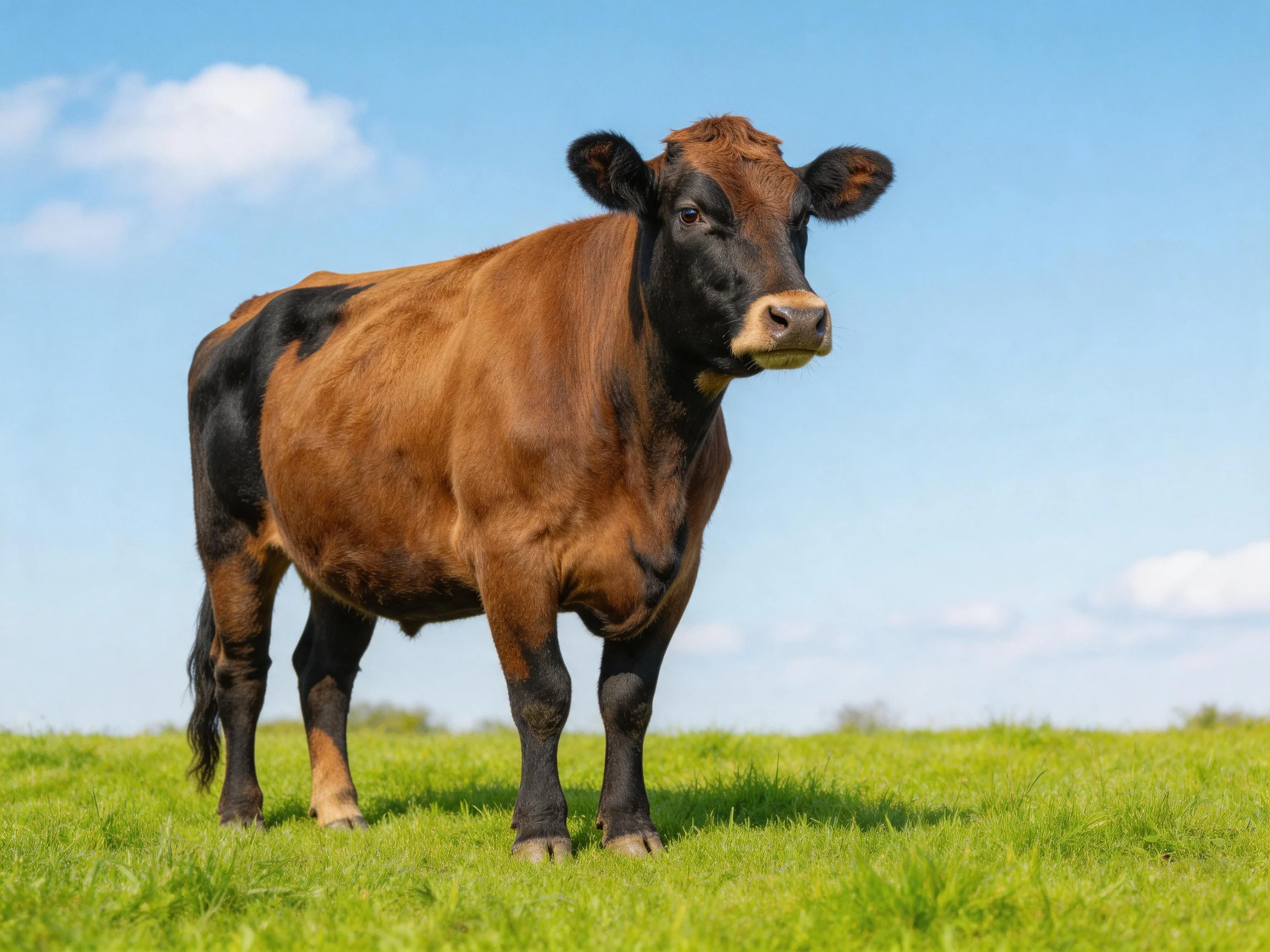 A brown and black cow stands on green grass under a clear blue sky
