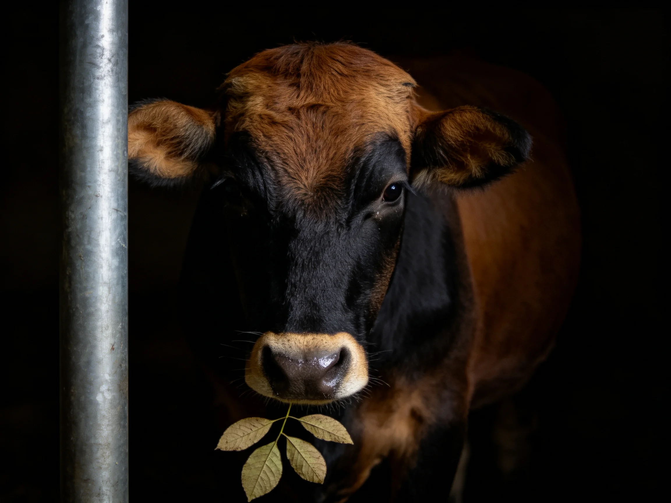 A brown and black cow with a leaf near a metallic pole