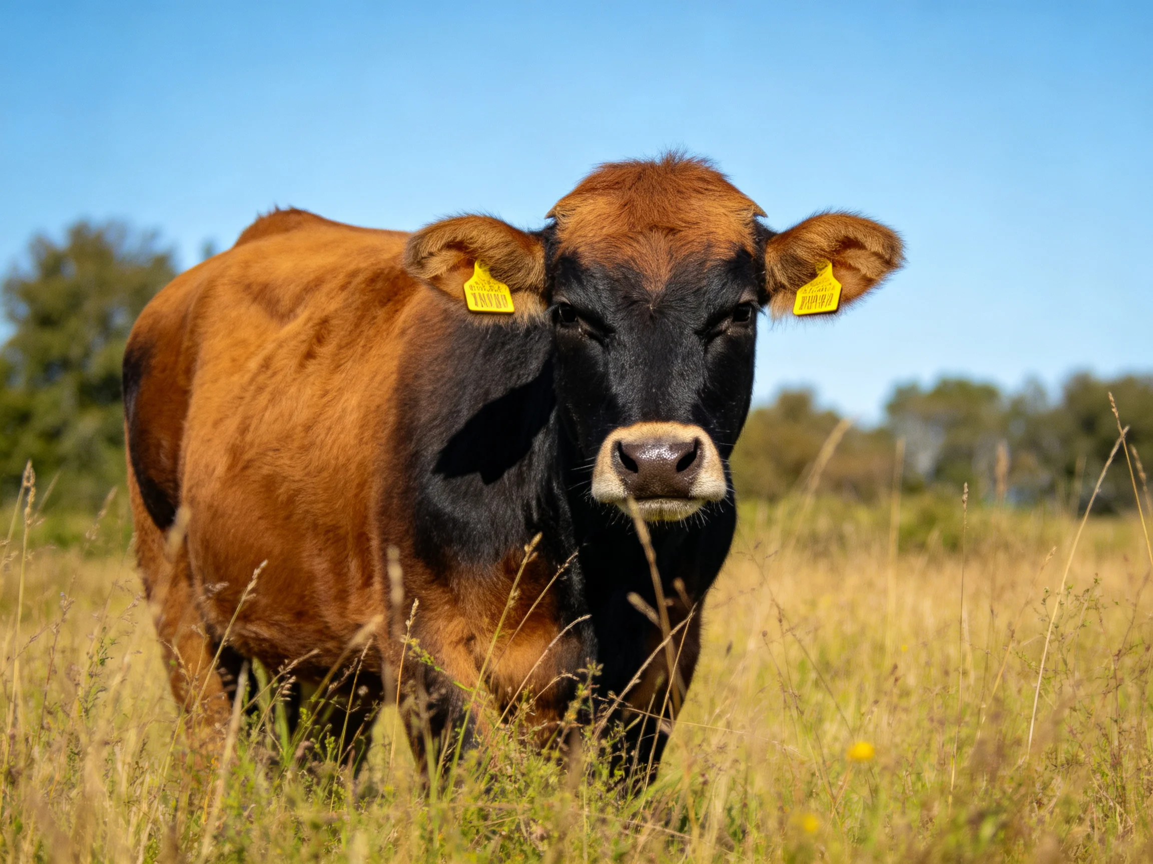 A brown and black cow with yellow ear tags stands in tall grass under a clear blue sky.