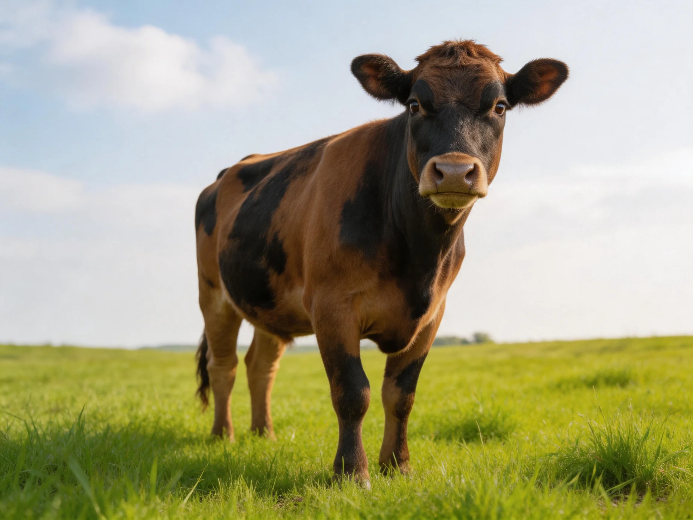 A brown and black spotted cow stands in a lush green meadow