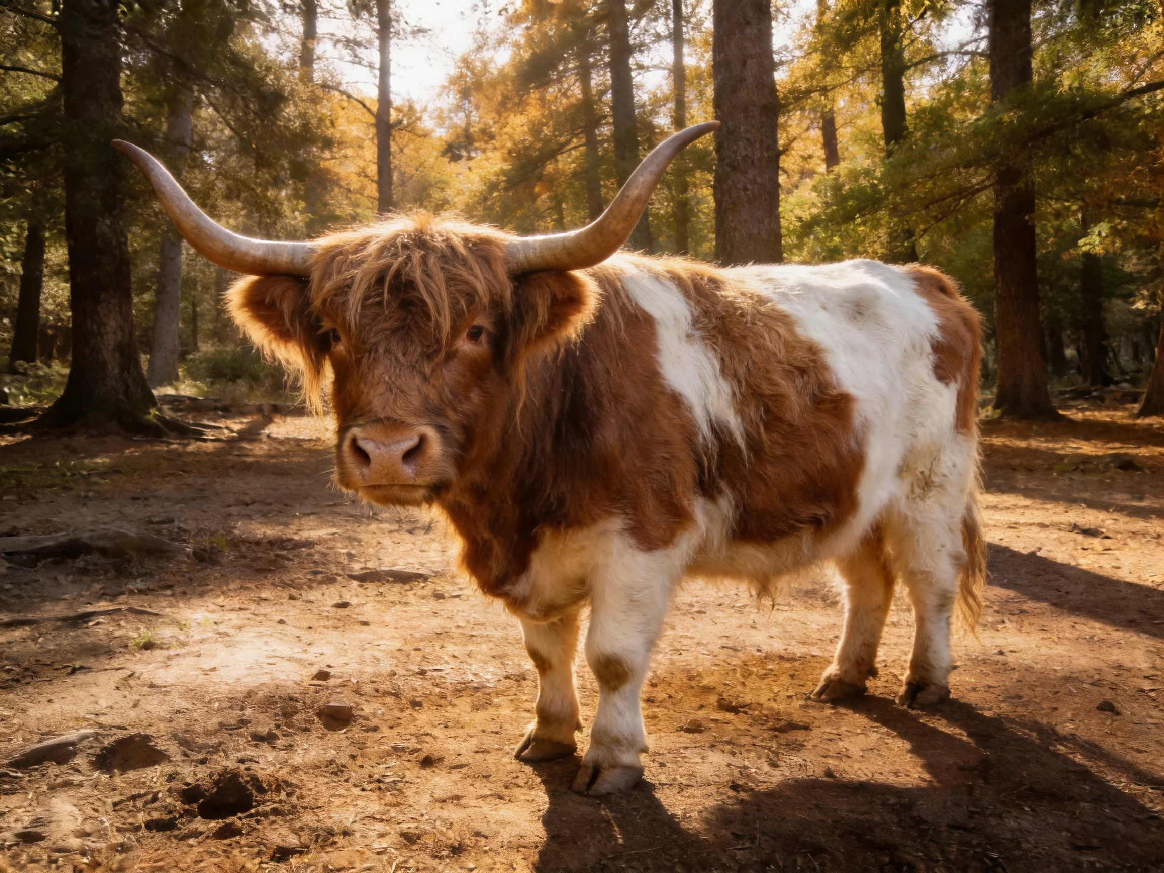 A brown and white Highland cow stands in a sunlit forest path among tall trees.