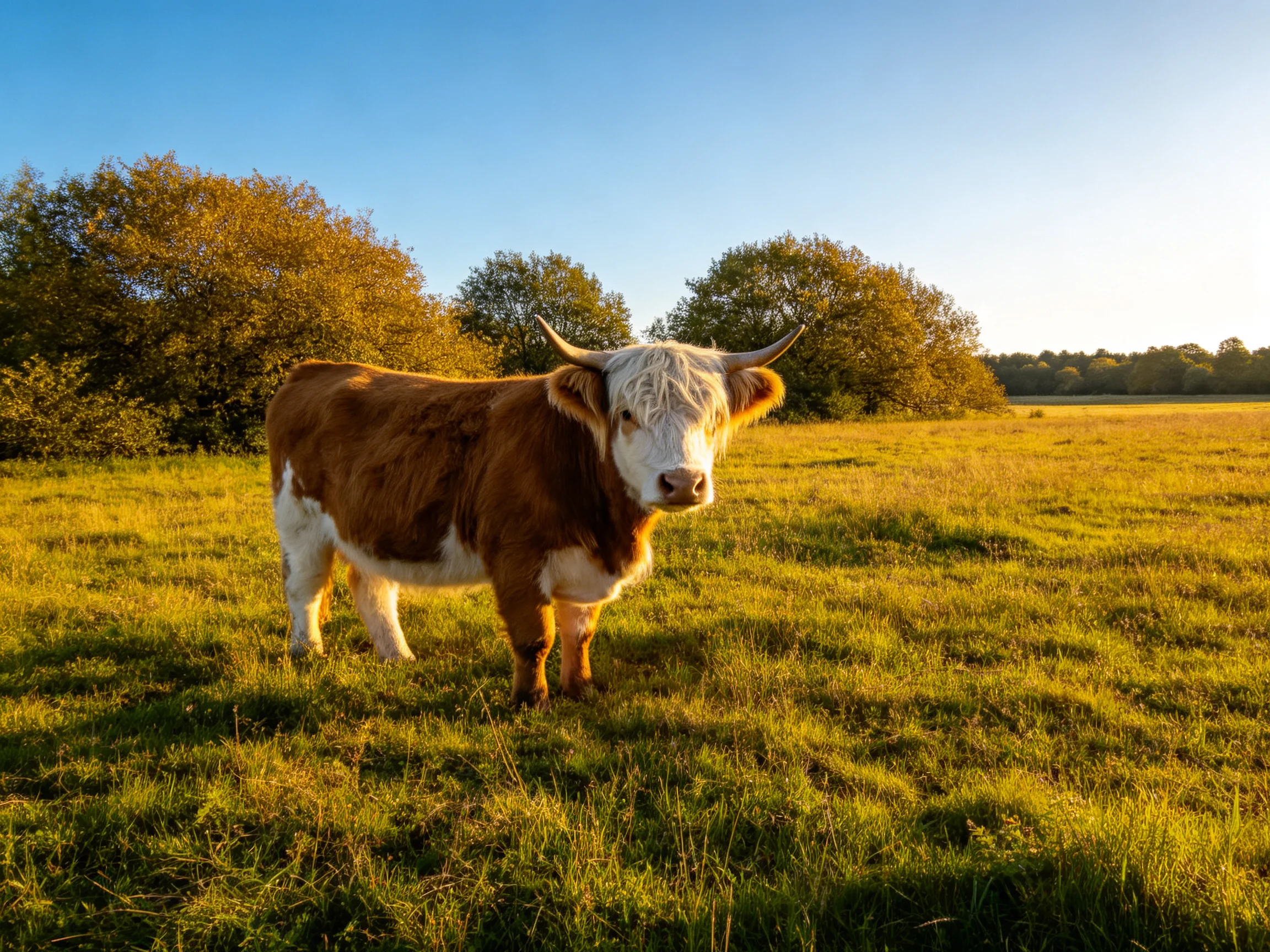 A brown and white Highland cow in a sunlit grassy meadow