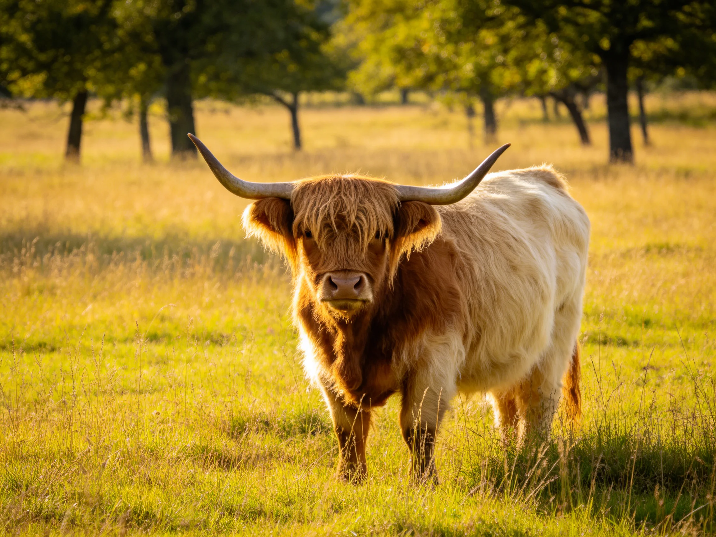 A Highland cow with long horns stands in a sunlit meadow near trees