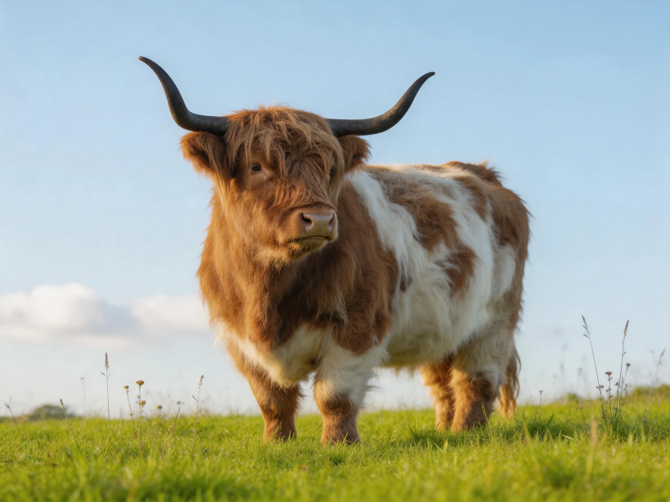 A brown and white Highland cow stands in a sunlit grassy field