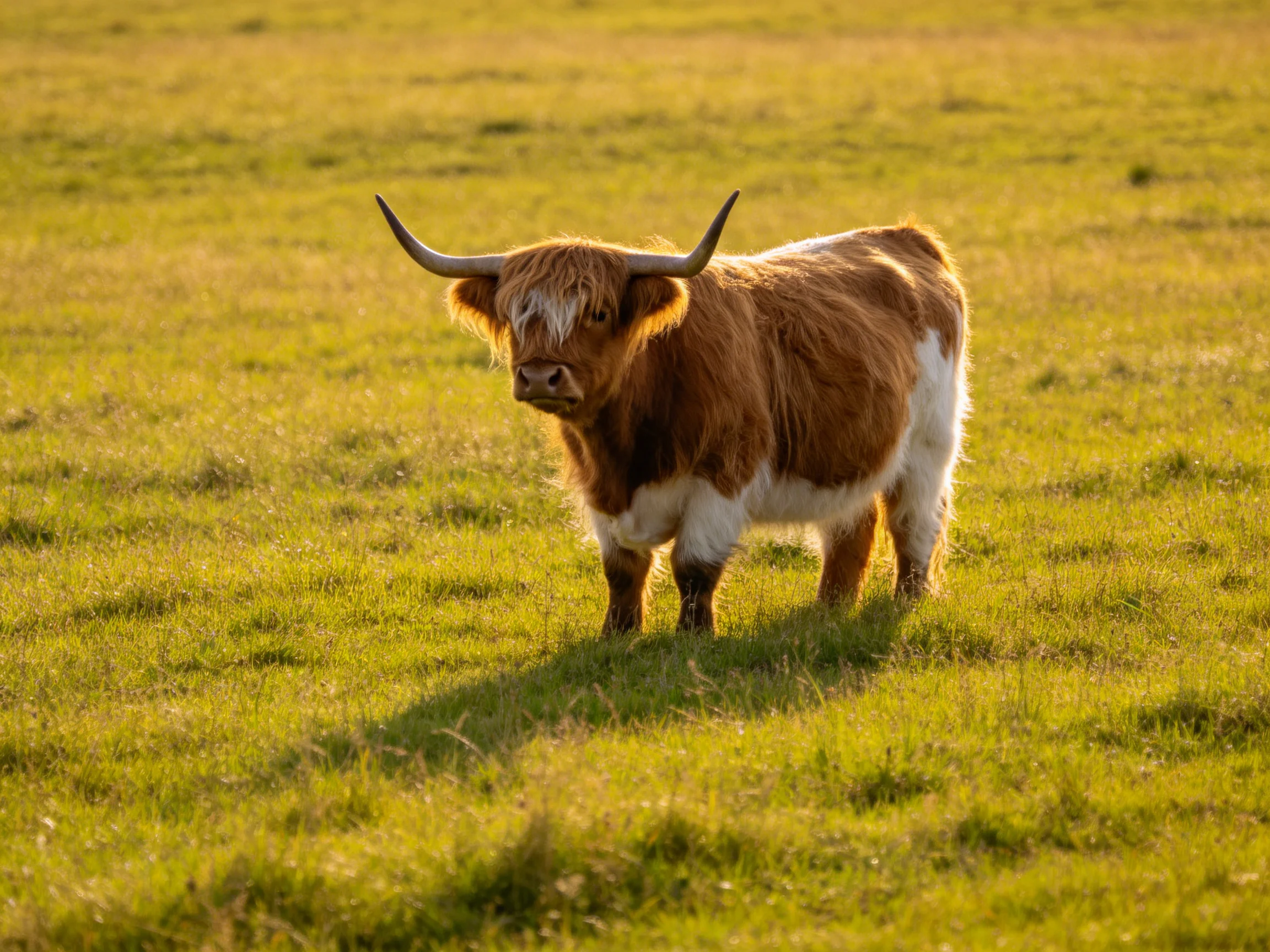 A brown and white Highland cow stands in a sunlit green meadow