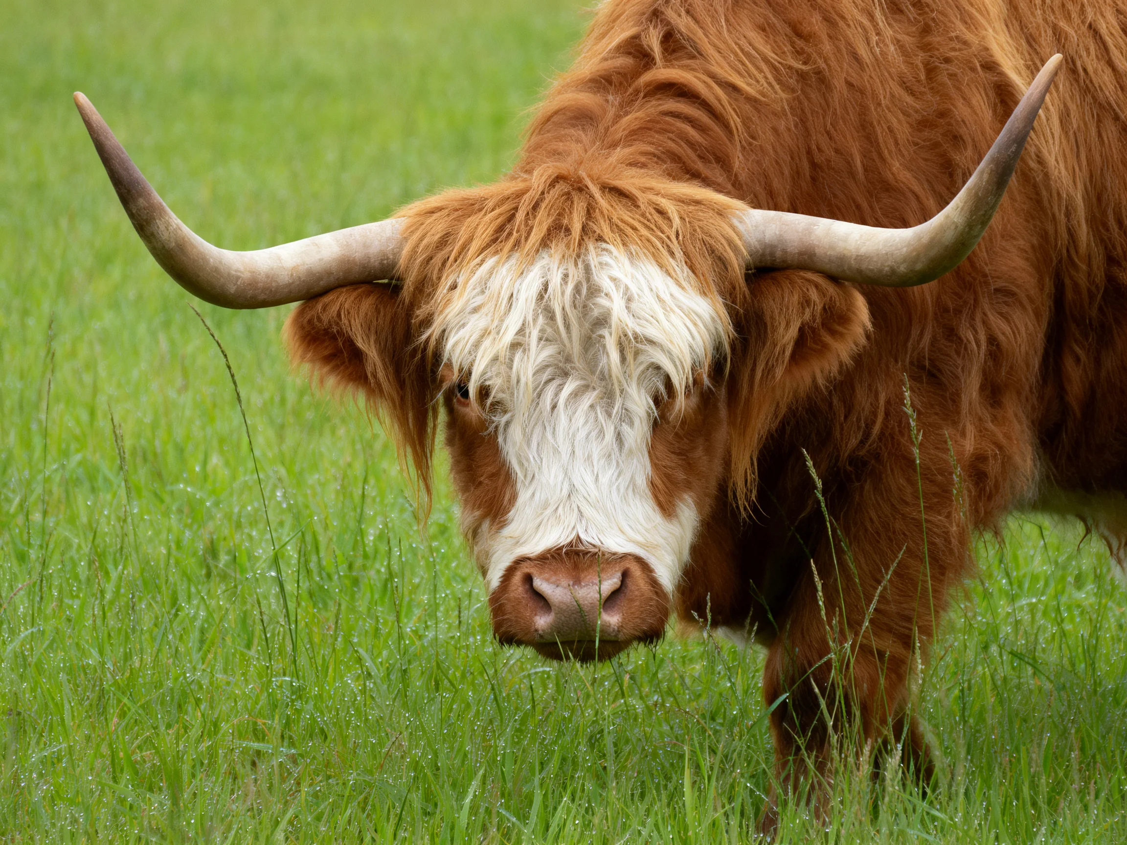A brown and white Highland cow stands in tall green grass.