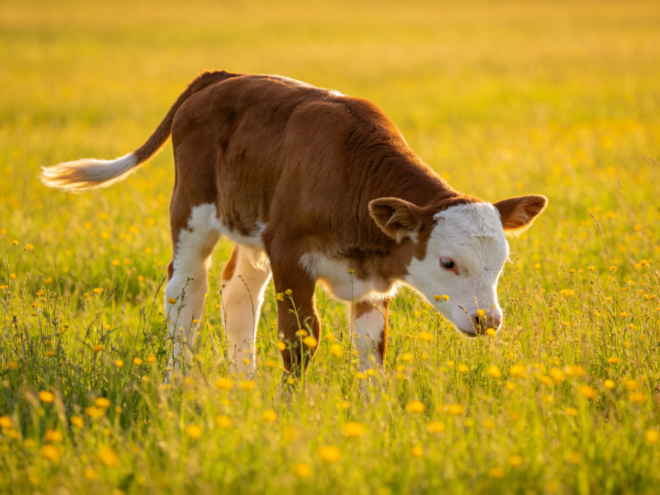A brown and white calf grazing in a sunlit yellow-flowered meadow