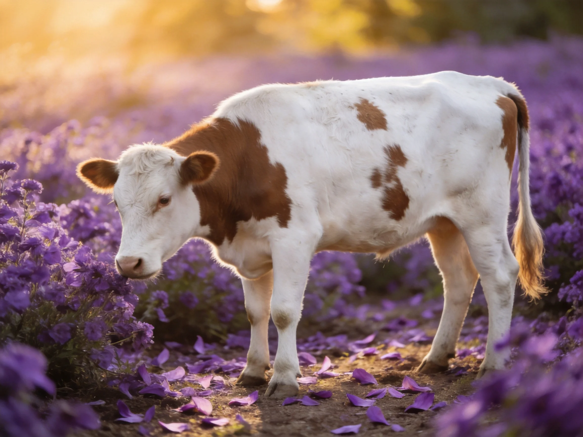 A brown-and-white calf in a field of purple flowers under golden light