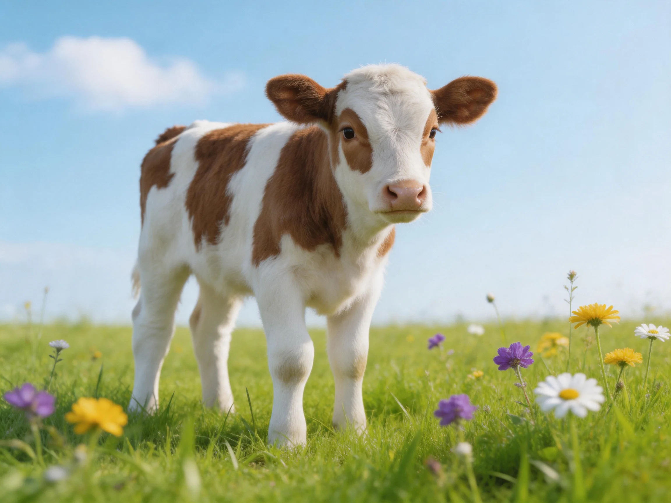 A brown-and-white calf in a flower-dotted green meadow under clear blue sky