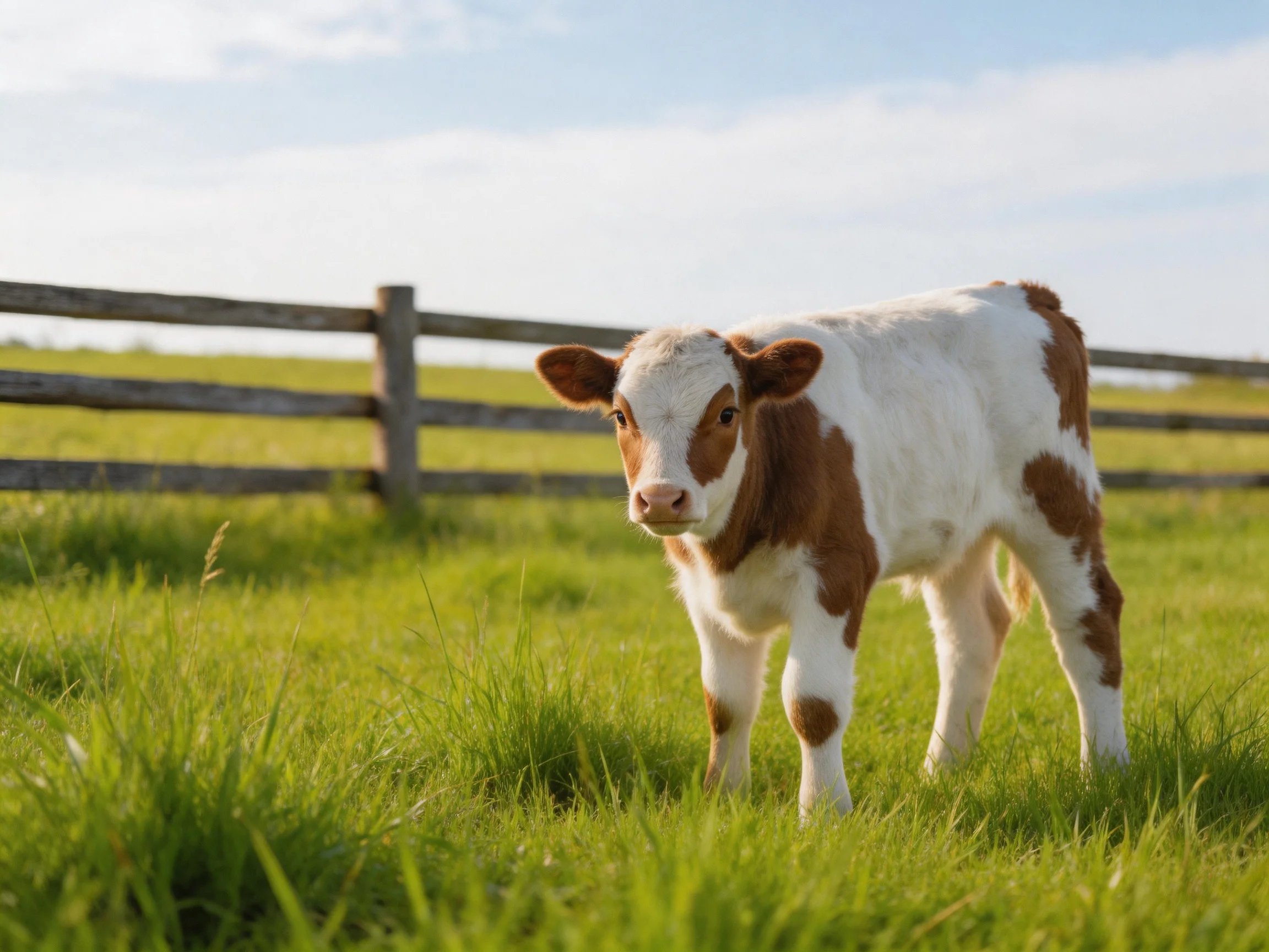 A brown and white calf in a lush green pasture with a wooden fence