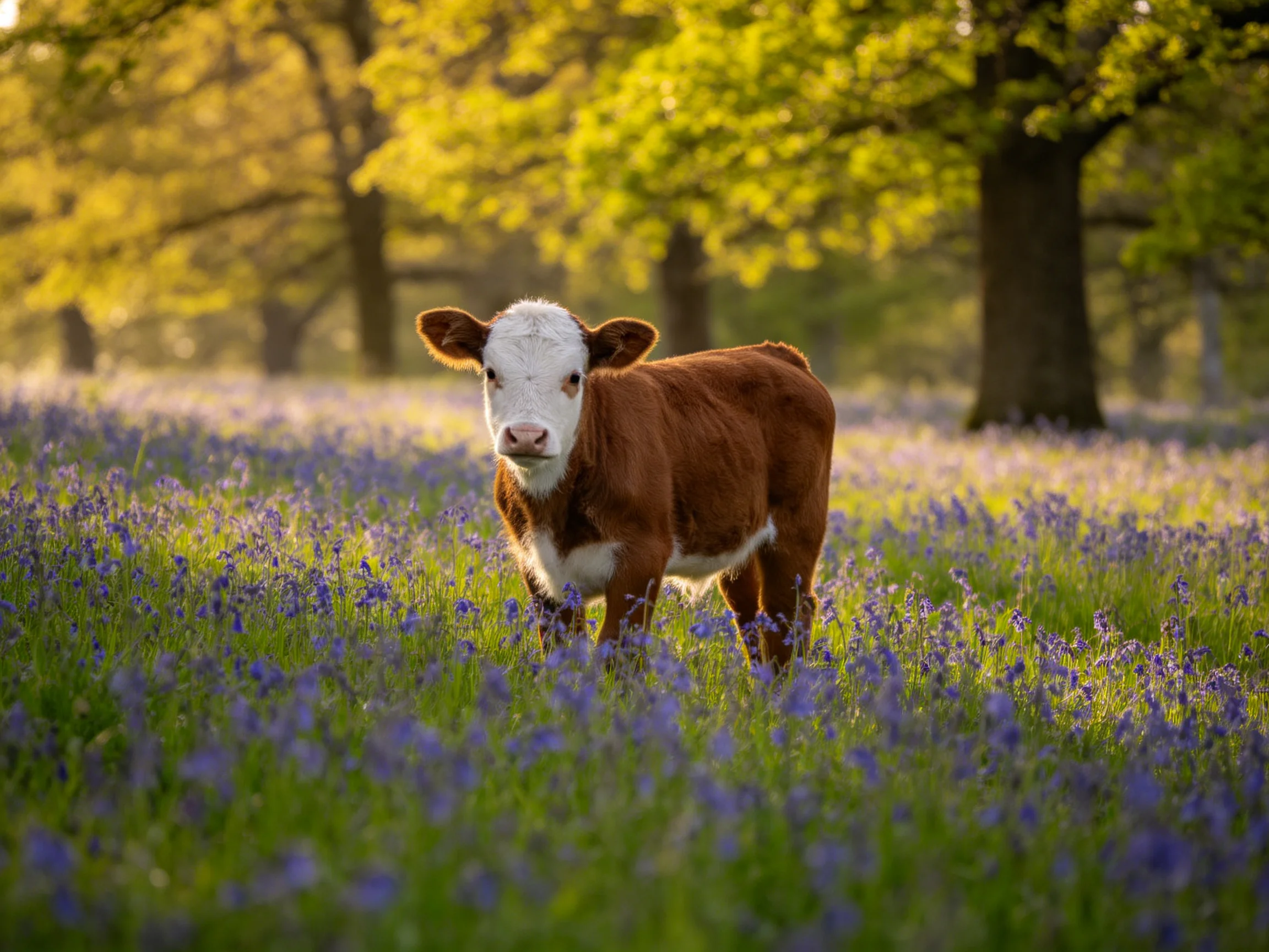 A brown-and-white calf in a meadow of bluebells with golden trees