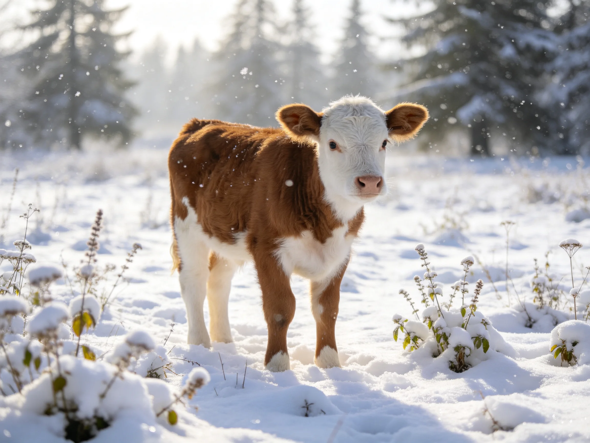 A brown and white calf in a snowy forest landscape