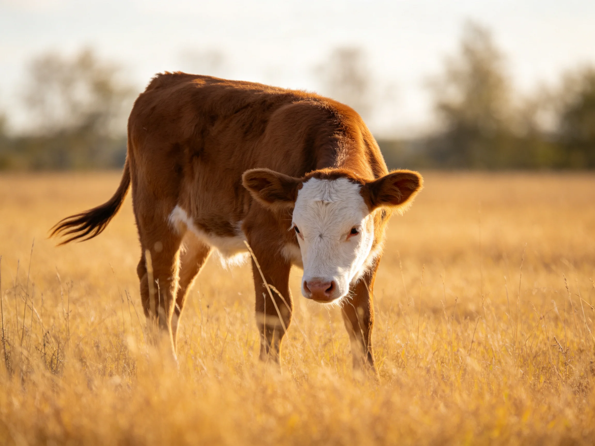 A brown-and-white calf in a sunlit golden grassy field