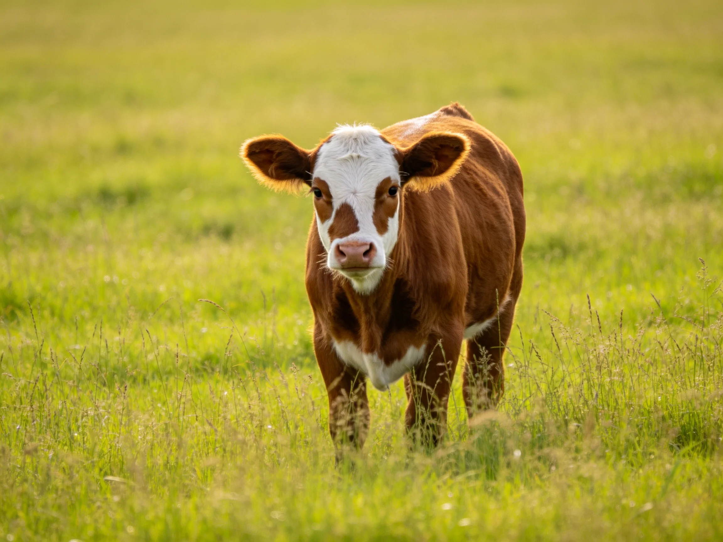 A brown and white calf in a sunlit green pasture