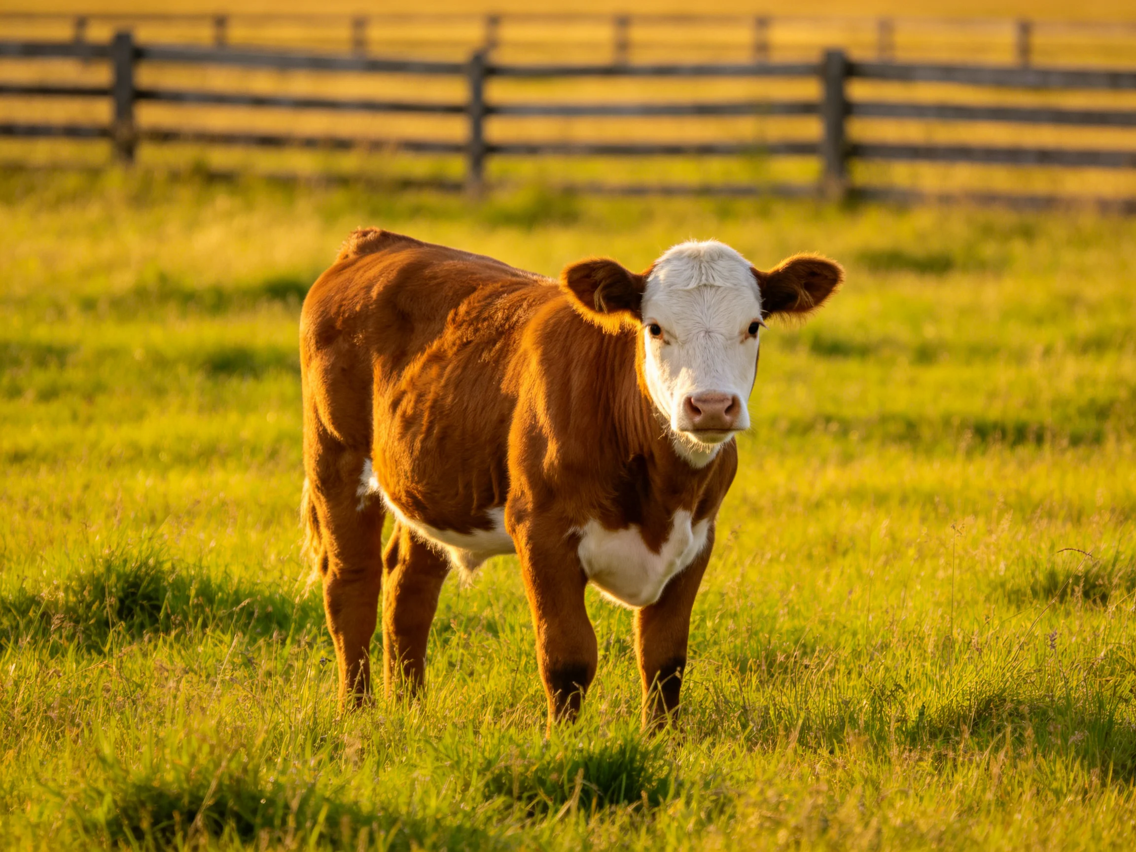 A brown and white calf in a sunlit green pasture with wooden fencing
